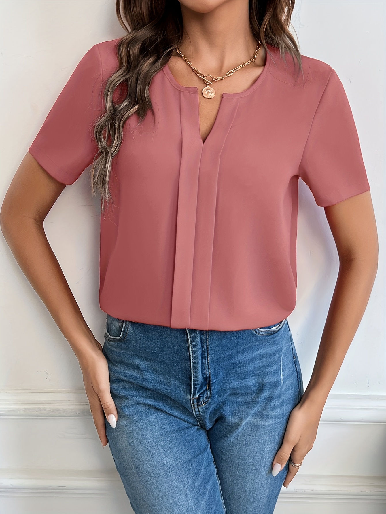 solid notched neck blouse casual short sleeve simple blouse womens clothing details 18