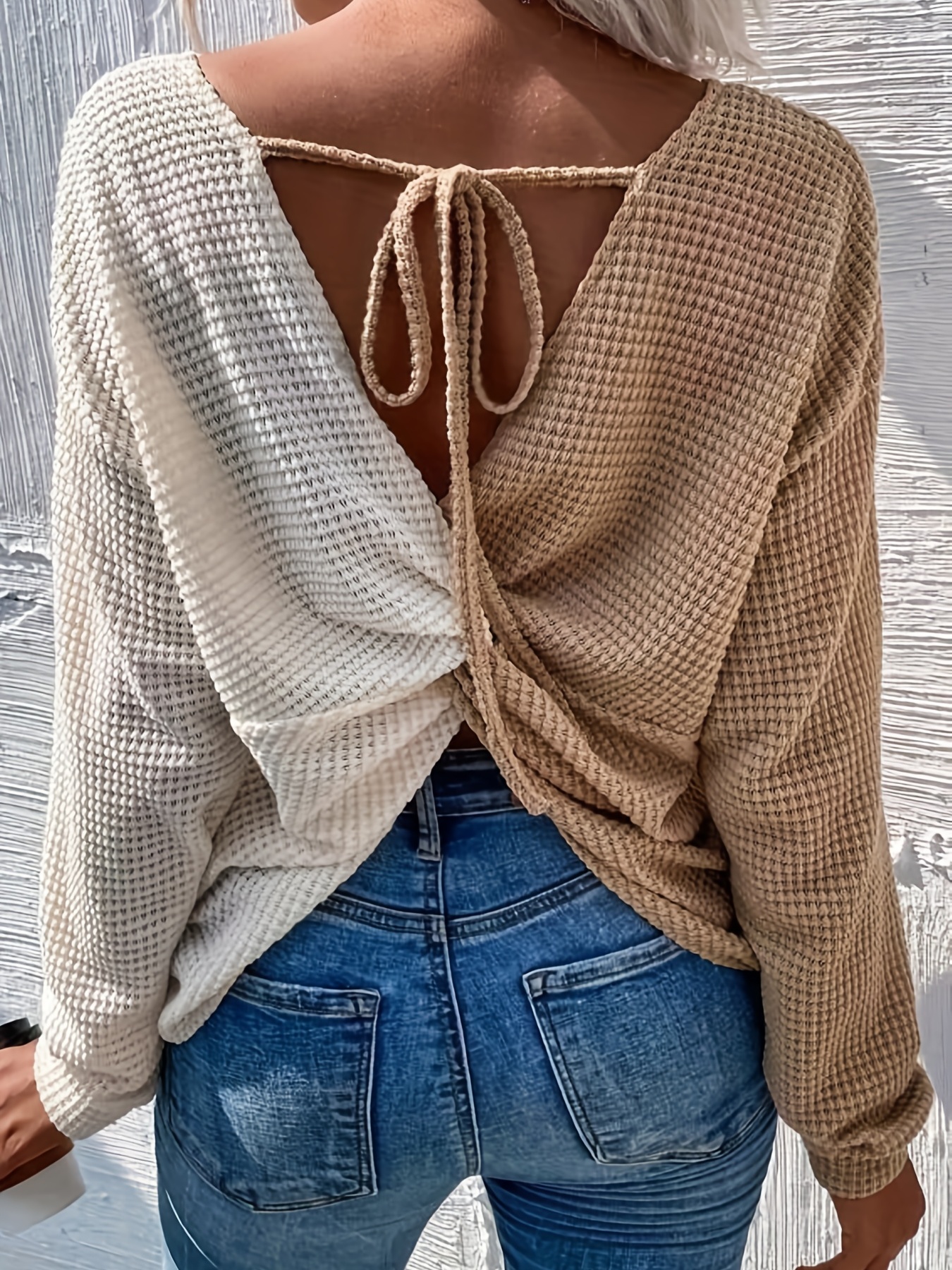 color block twist back top versatile v neck top for spring fall womens clothing details 1