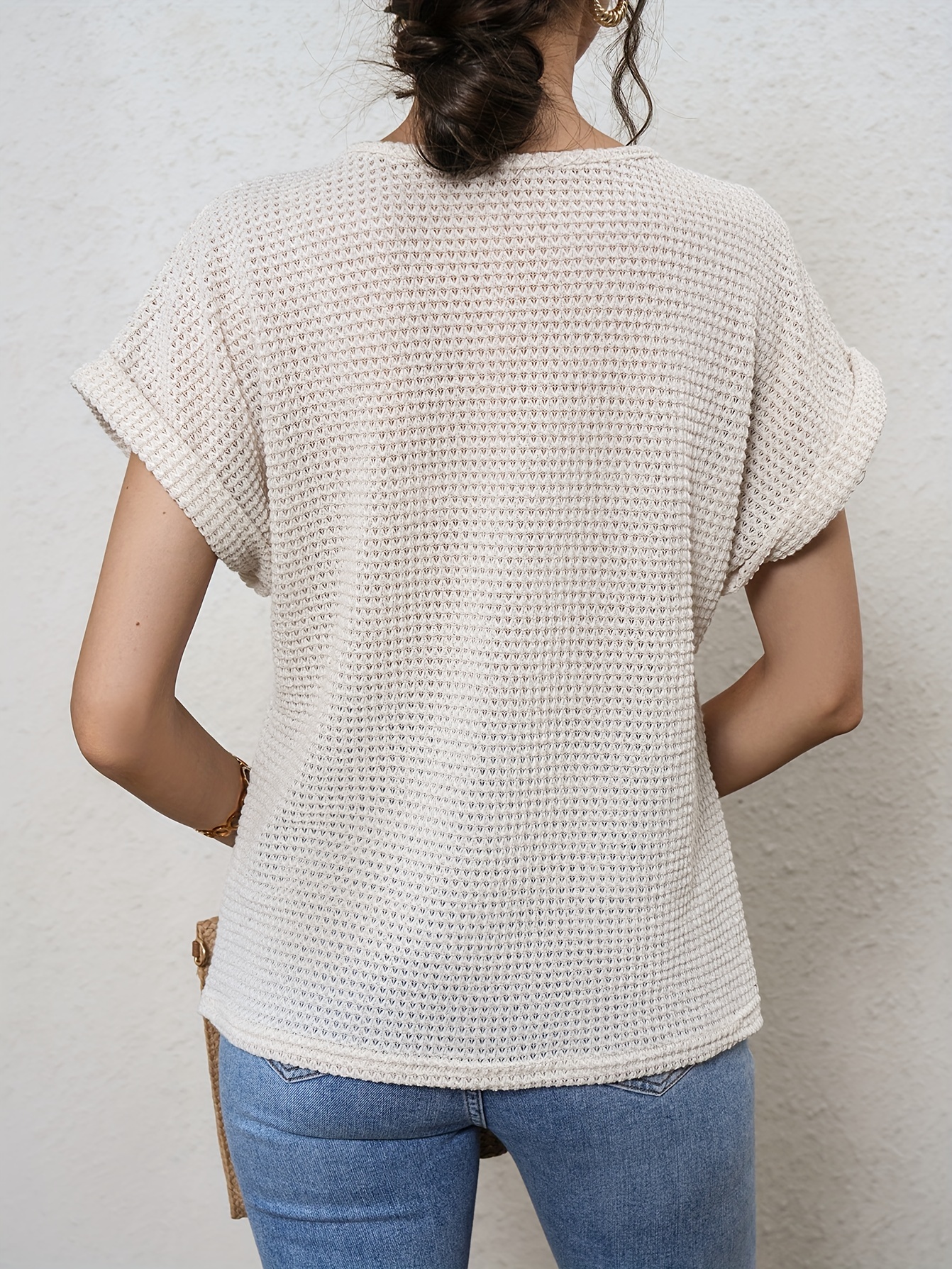 waffle knit v neck blouse casual short sleeve blouse for spring summer womens clothing details 35