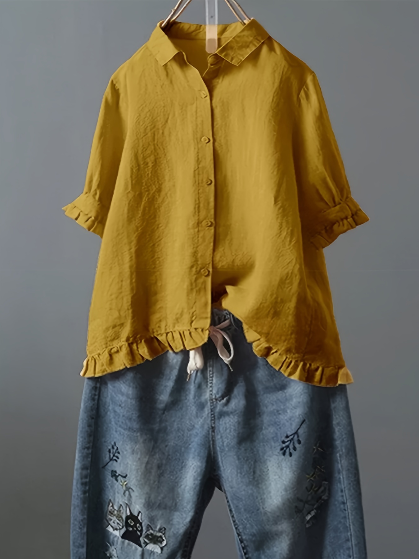 solid ruffle trim 3 4 sleeve t shirt casual all seasons tops womens clothing details 7