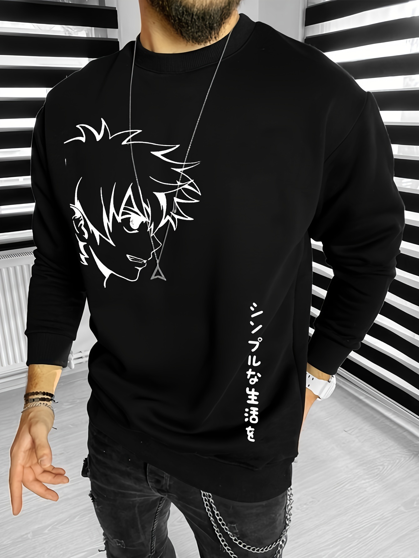 fashionable mens casual anime character print long sleeve round neck pullover sweatshirt suitable for outdoor sports for autumn and spring can be paired with hip hop necklace as gifts details 5