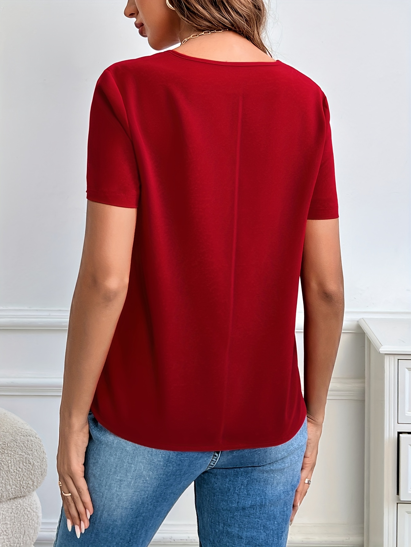 solid notched neck blouse casual short sleeve simple blouse womens clothing details 32
