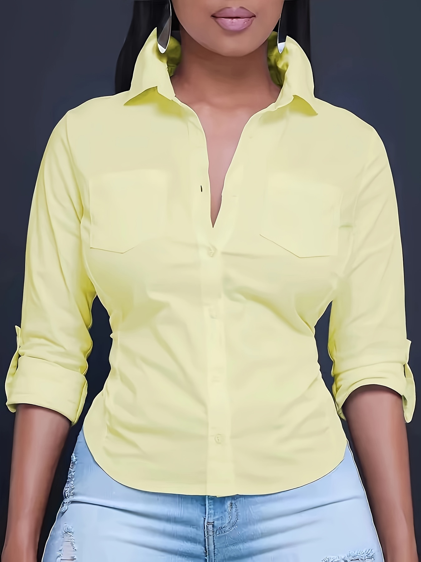 solid color button front shirt casual long sleeve pocket shirt for spring fall womens clothing details 6