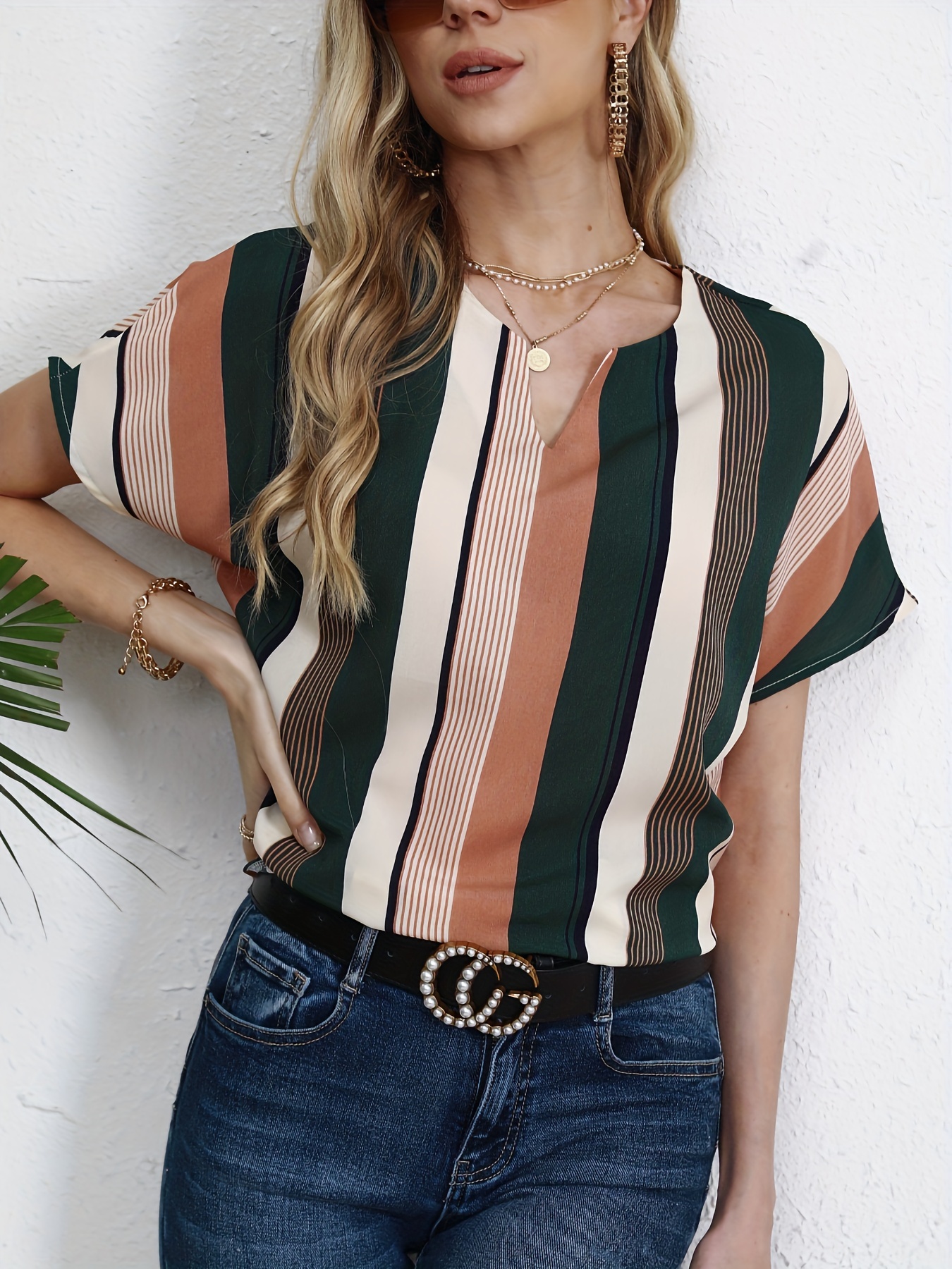 striped notched neck blouse casual short sleeve blouse for spring summer womens clothing details 13