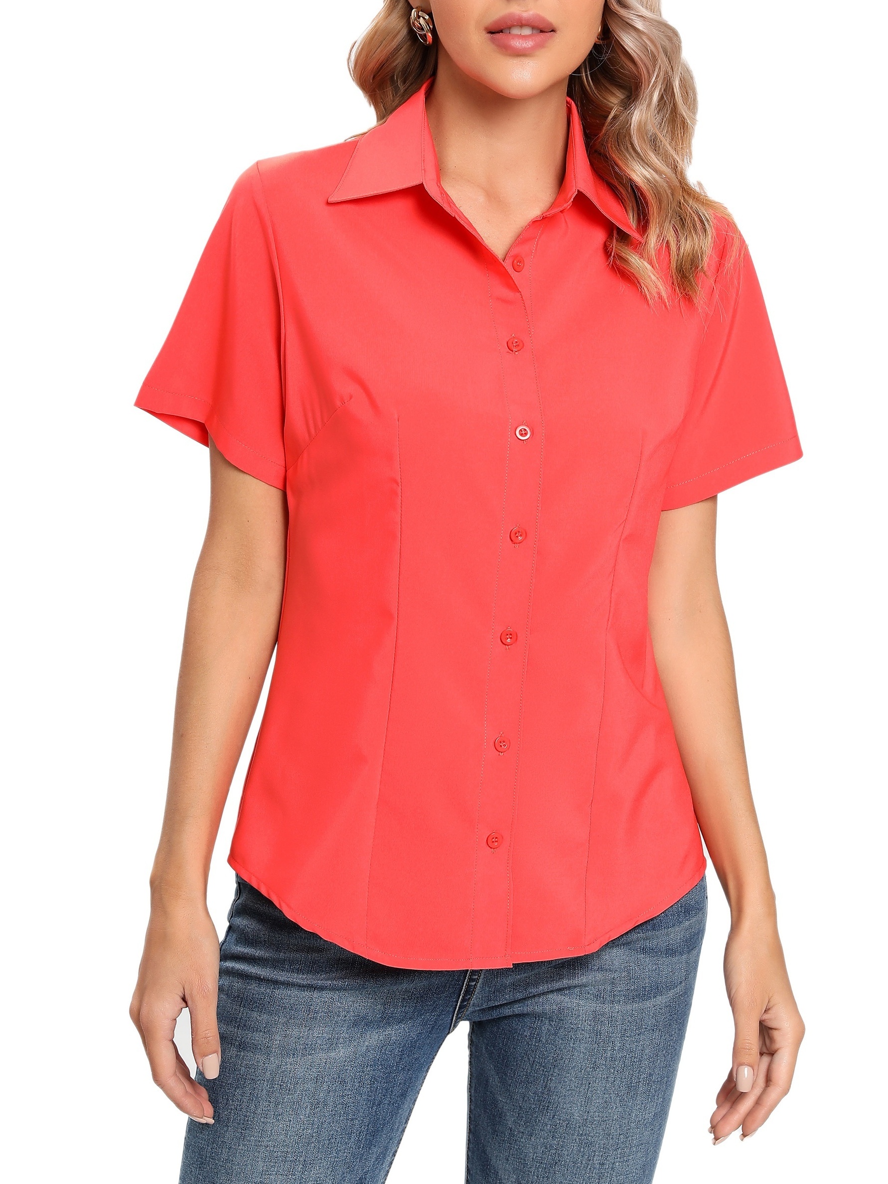 solid button front blouse casual short sleeve blouse for spring summer womens clothing details 0