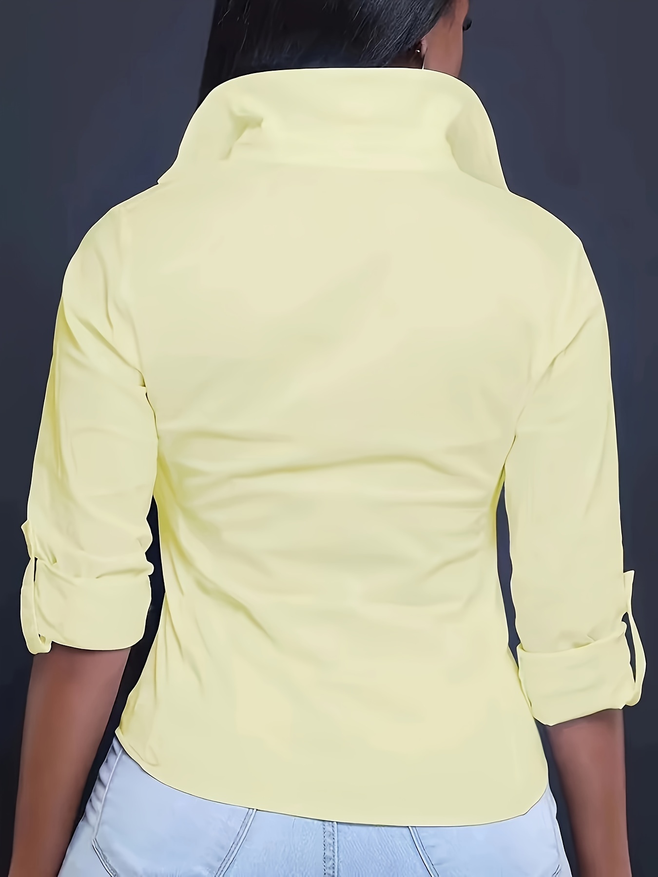solid color button front shirt casual long sleeve pocket shirt for spring fall womens clothing details 7