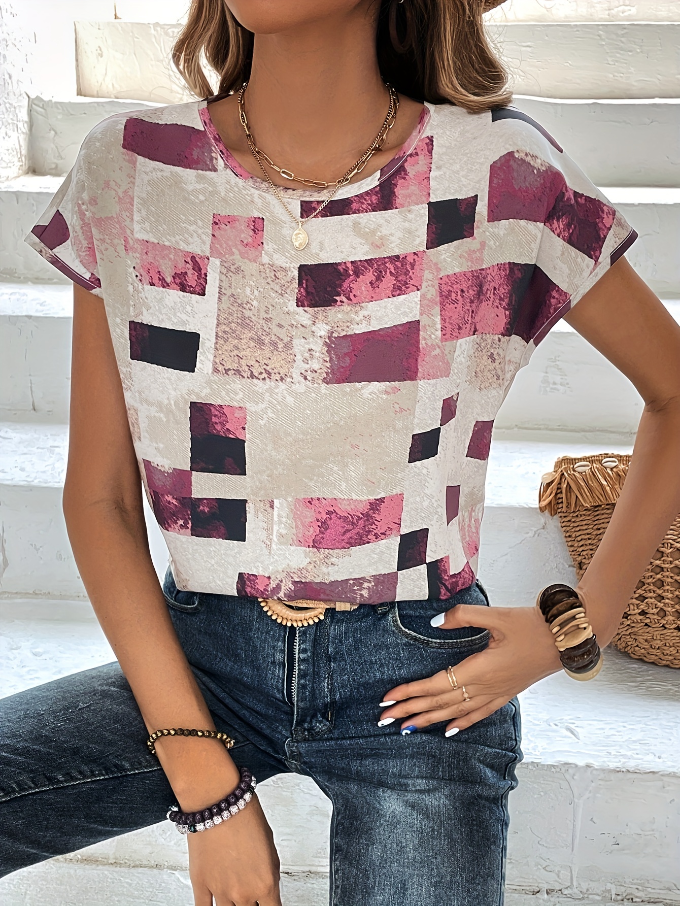 graphic print crew neck t shirt short sleeve aztec print tops womens clothing details 22