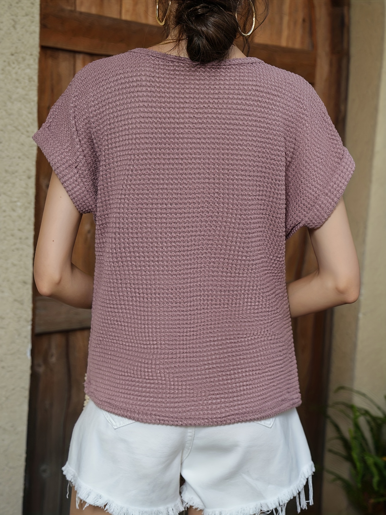 waffle knit v neck blouse casual short sleeve blouse for spring summer womens clothing details 31