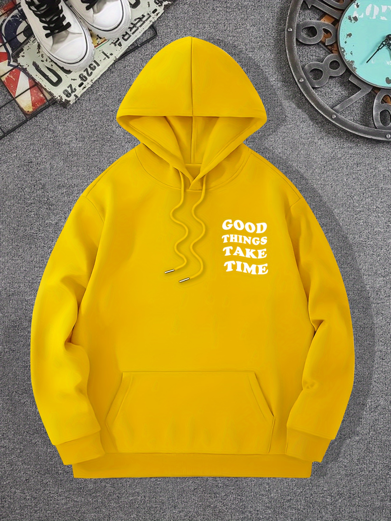 good things take time flower print mens pullover round neck long sleeve hooded sweatshirt pattern loose casual top for autumn winter mens clothing as gifts details 27