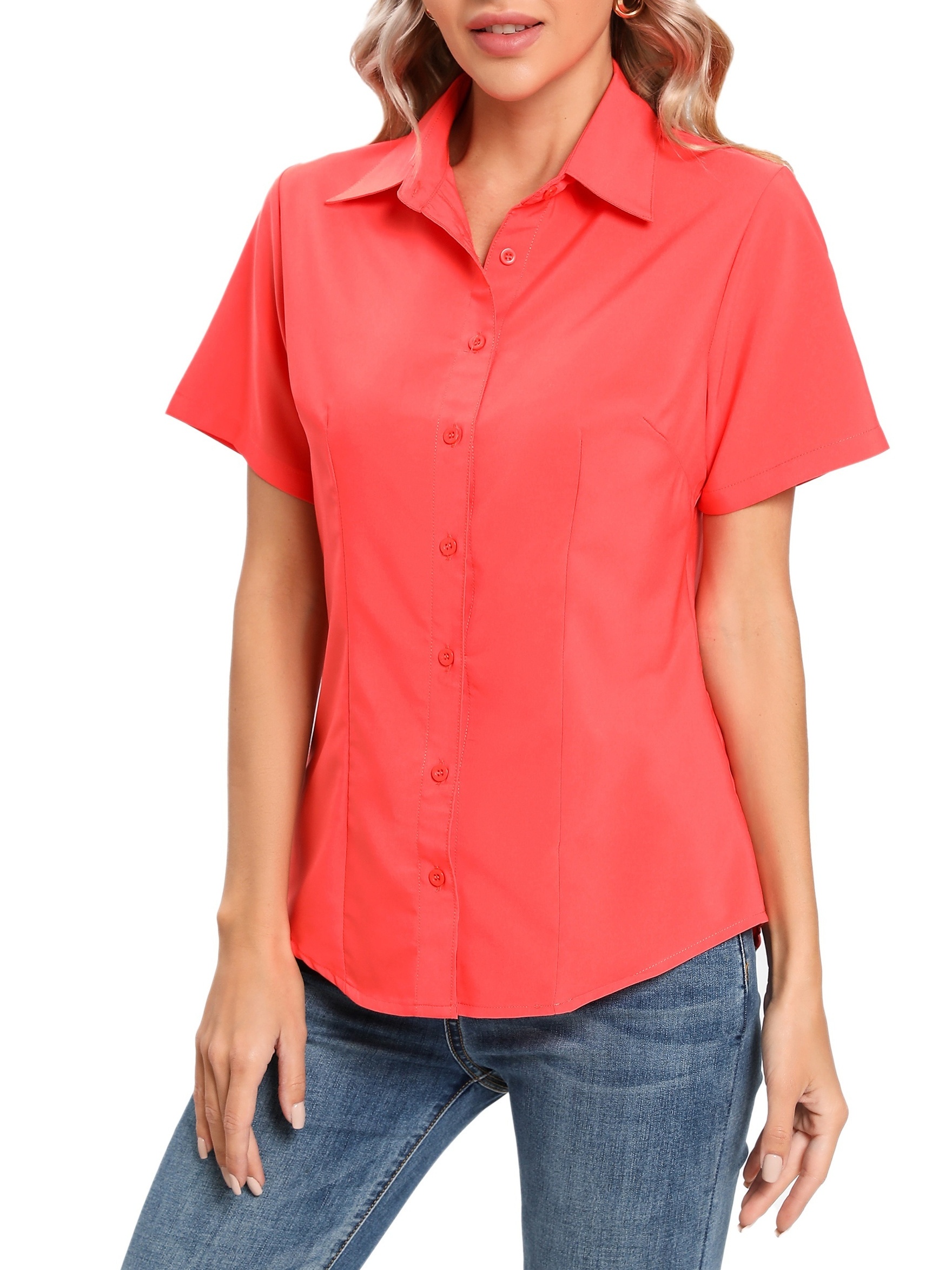 solid button front blouse casual short sleeve blouse for spring summer womens clothing details 3