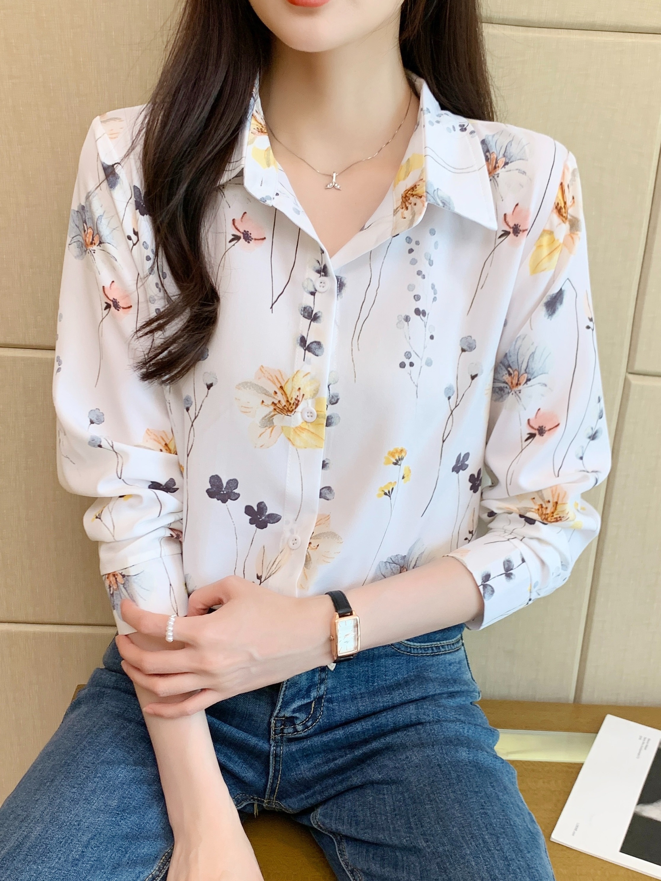 floral print button front shirt casual long sleeve shirt for spring fall womens clothing details 3