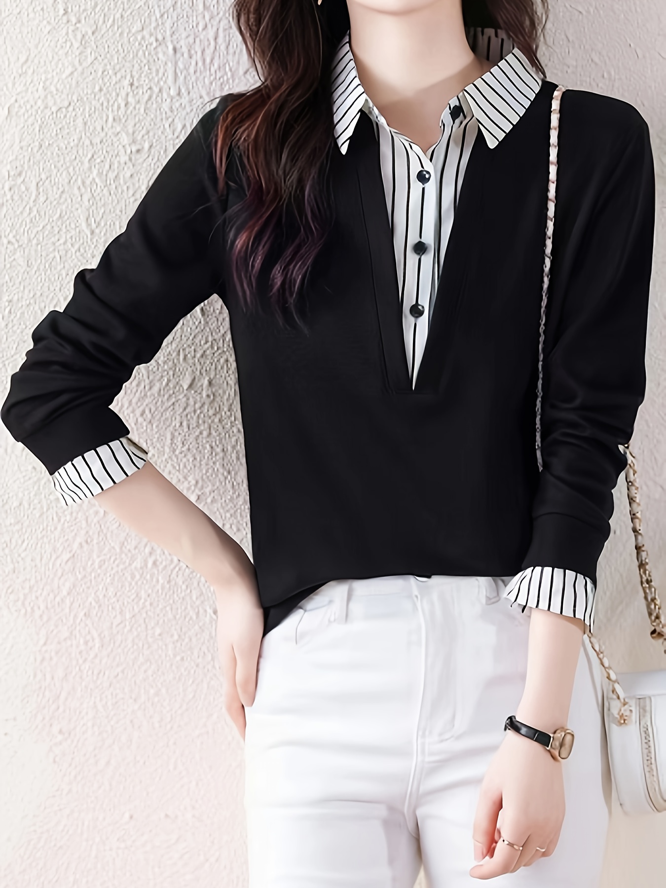striped print color block splicing shirt casual long sleeve button front shirt for spring fall womens clothing details 2
