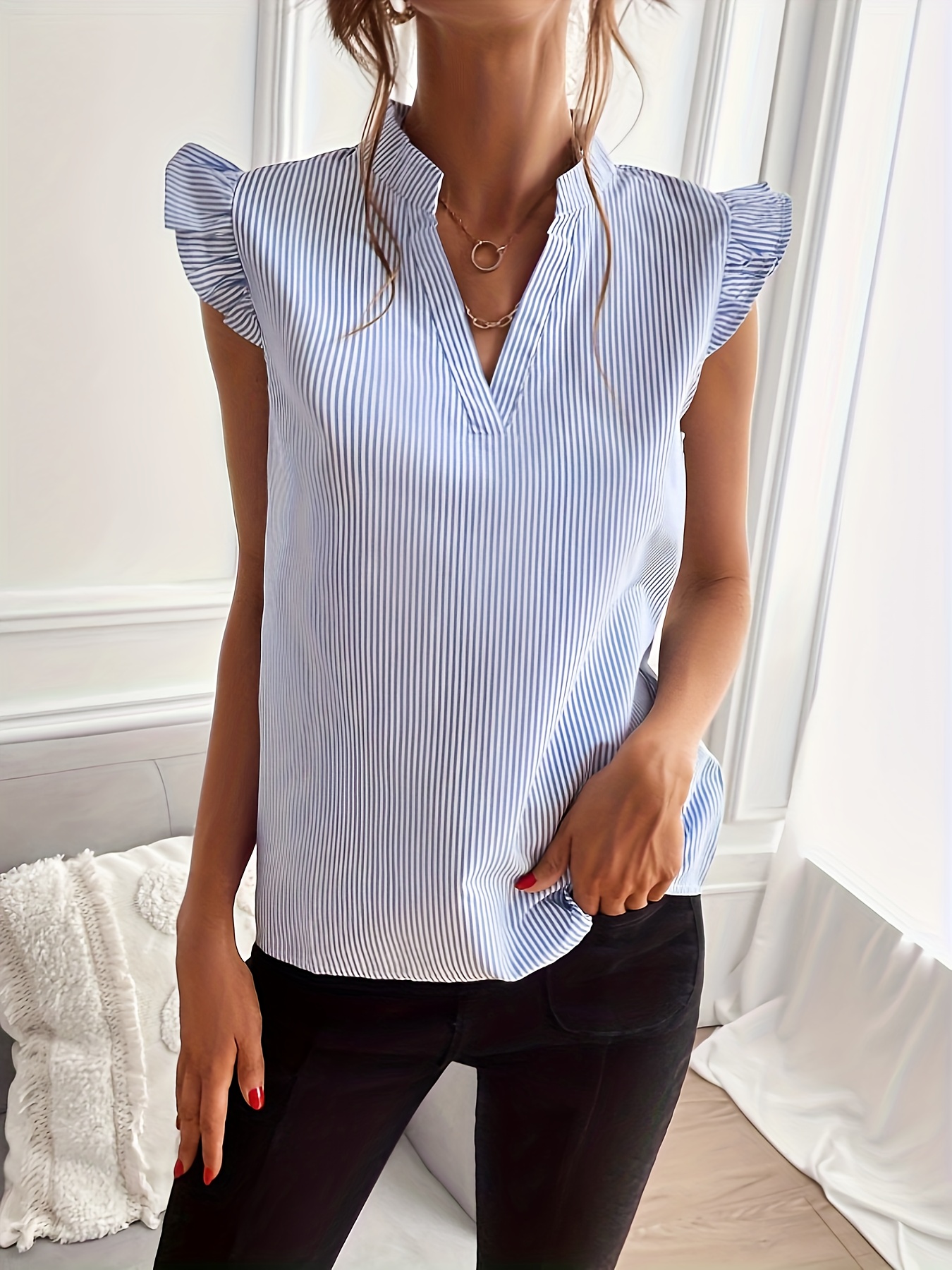 striped v neck blouse elegant ruffle sleeve blouse womens clothing details 3