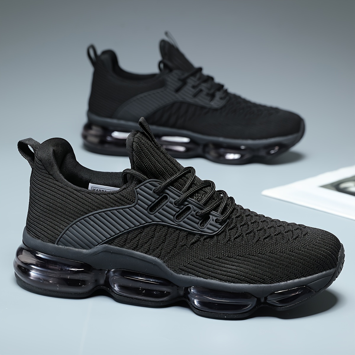 mens solid colour woven knit breathable sneakers with air cushion comfy durable lace up shoes for mens outdoor activities details 3