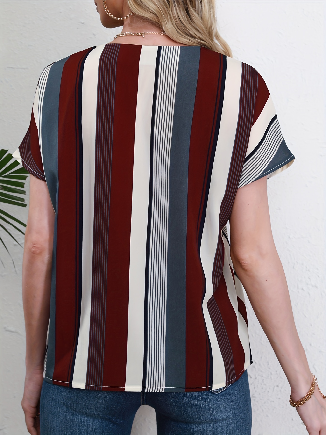 striped notched neck blouse casual short sleeve blouse for spring summer womens clothing details 3