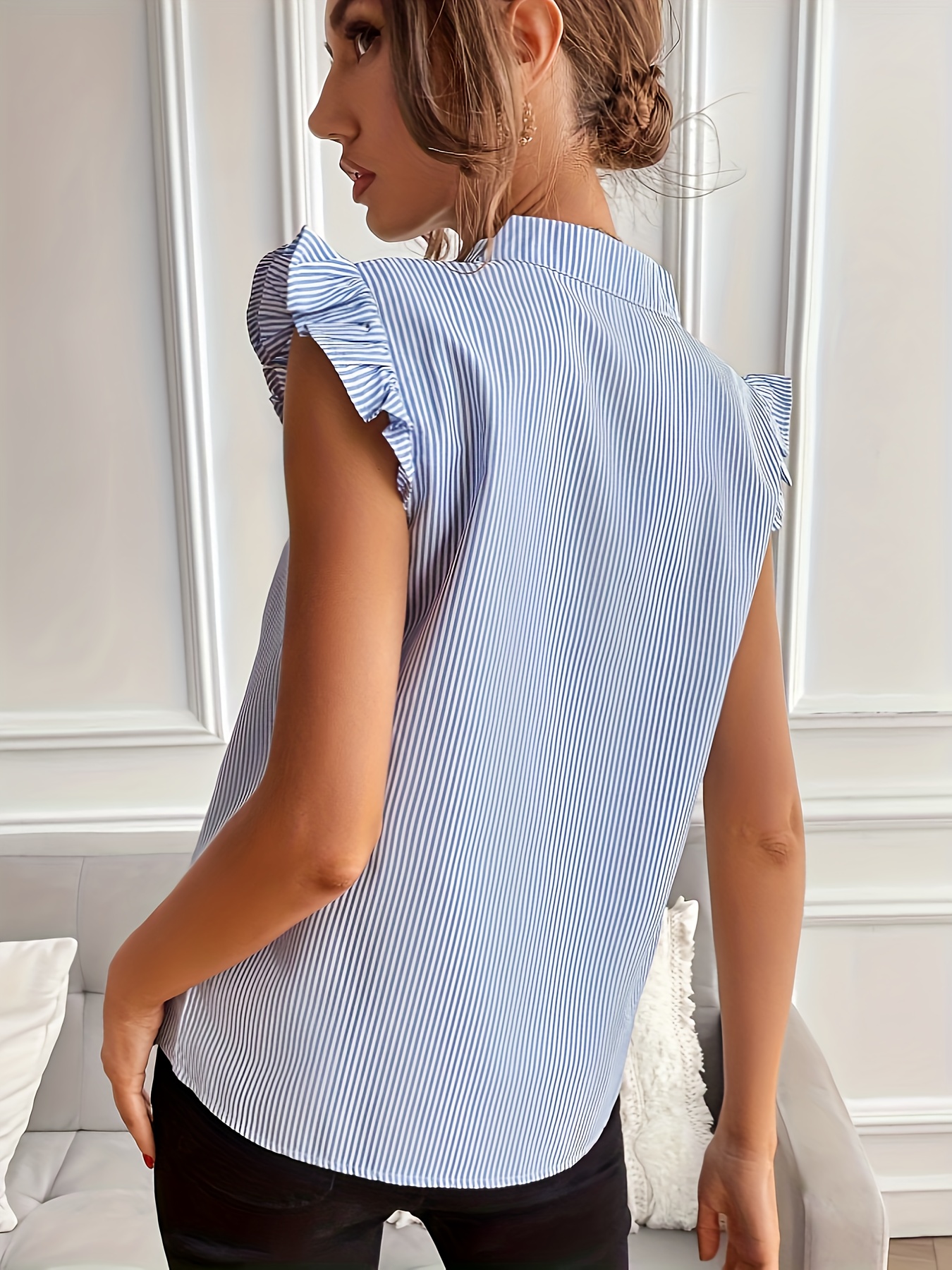 striped v neck blouse elegant ruffle sleeve blouse womens clothing details 1
