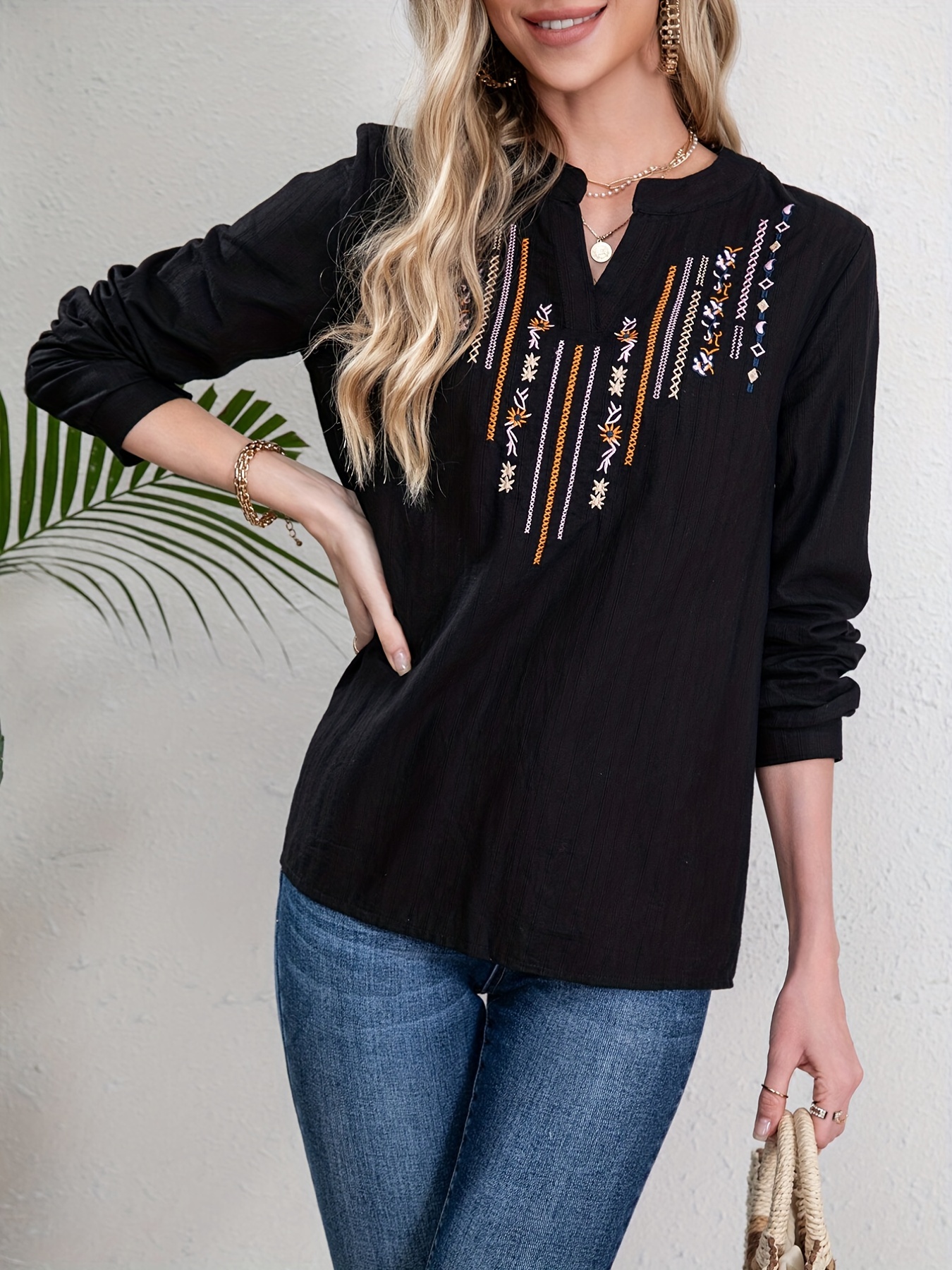 embroidery ethnic style v neck shirt casual long sleeve spring autumn shirts tops womens clothing details 1