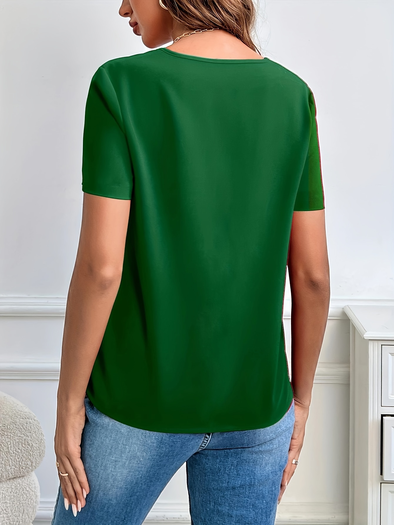 solid notched neck blouse casual short sleeve simple blouse womens clothing details 15
