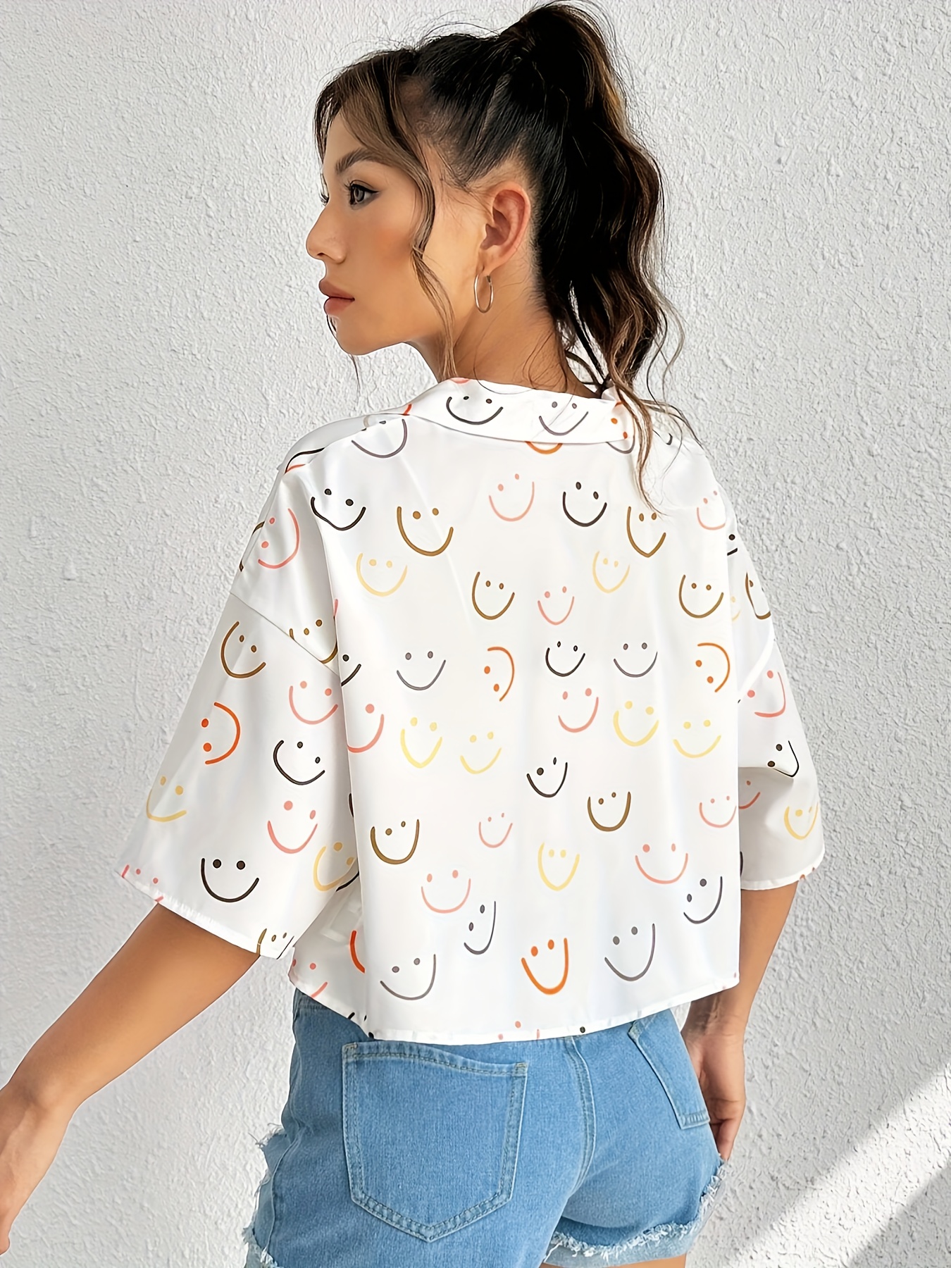 smile print button front crop shirt cute drop shoulder short sleeve shirt for spring summer womens clothing details 0
