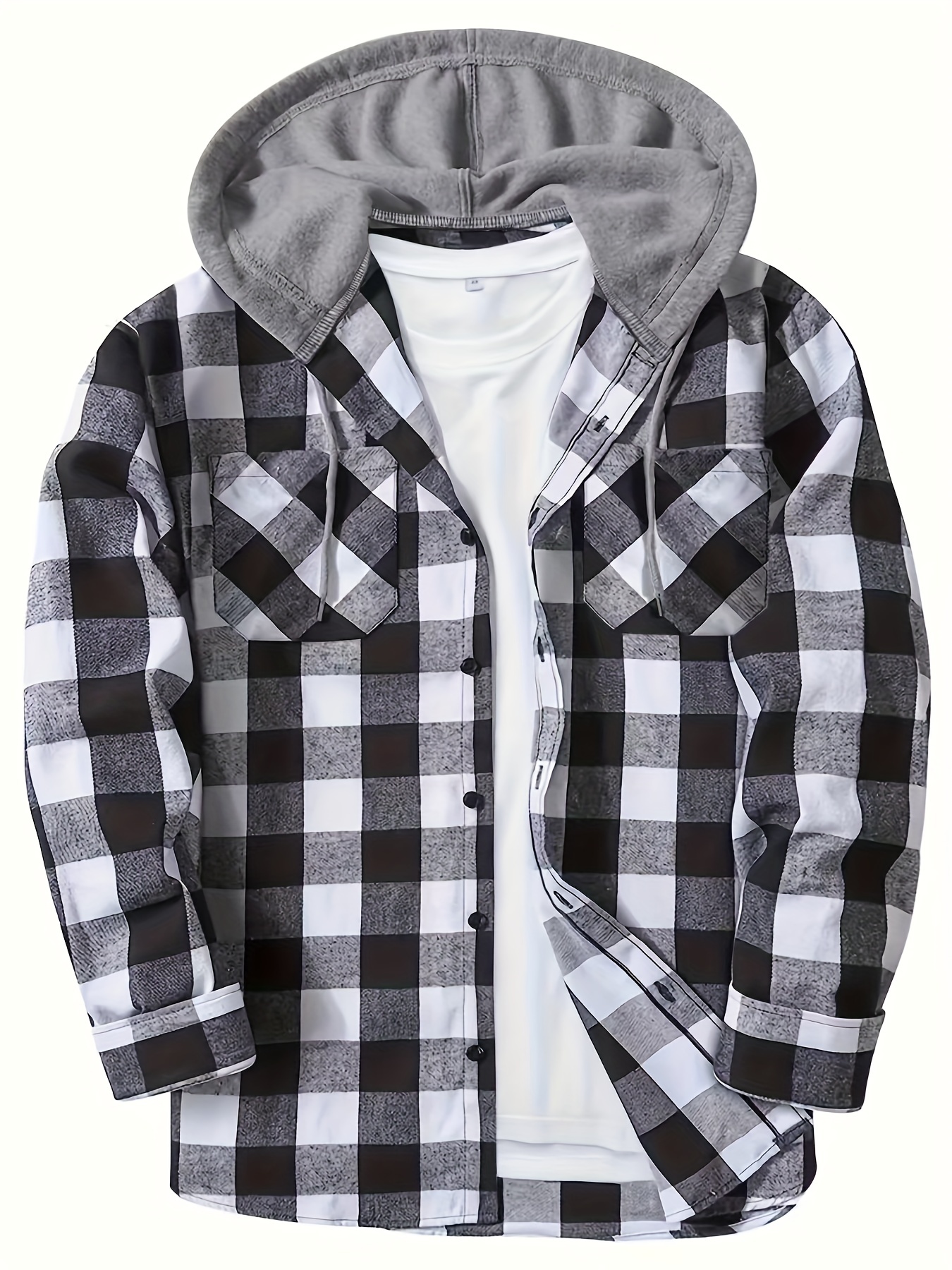 casual regular fit button up hooded shirts jacket, classic design plaid shirt coat for men long sleeve casual regular fit button up hooded shirts jacket details 5