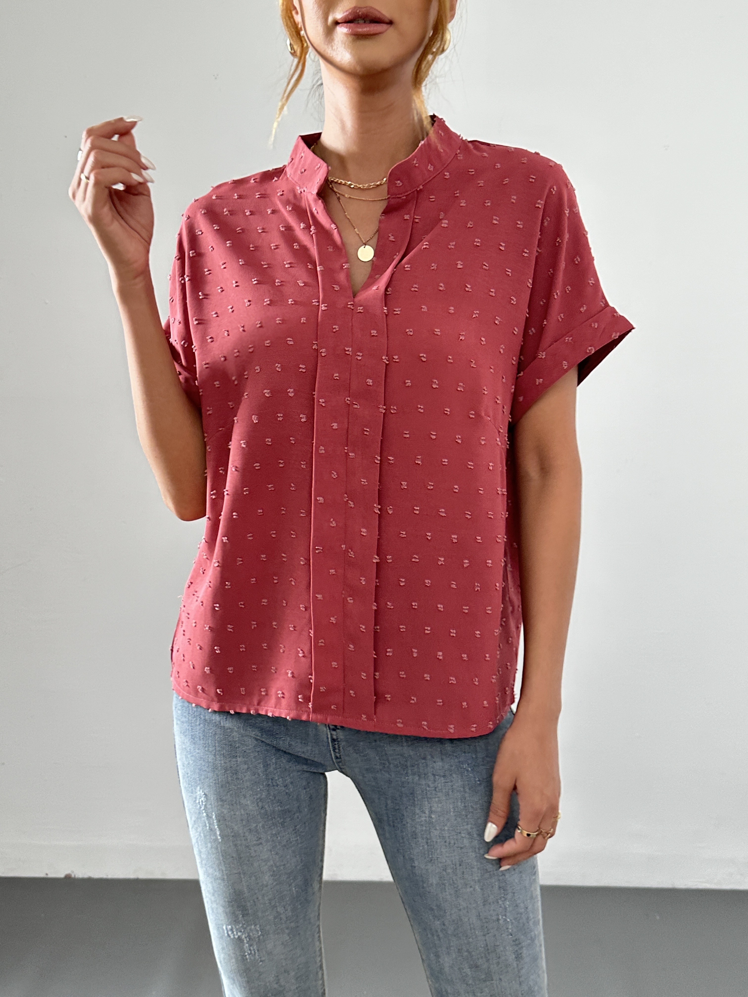 solid versatile blouse v neck short sleeve casual blouse womens clothing details 0