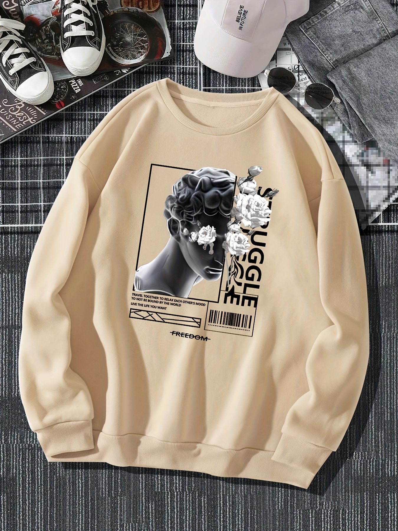 men and roses print mens casual hoodie drawstring pocket hoodie details 10