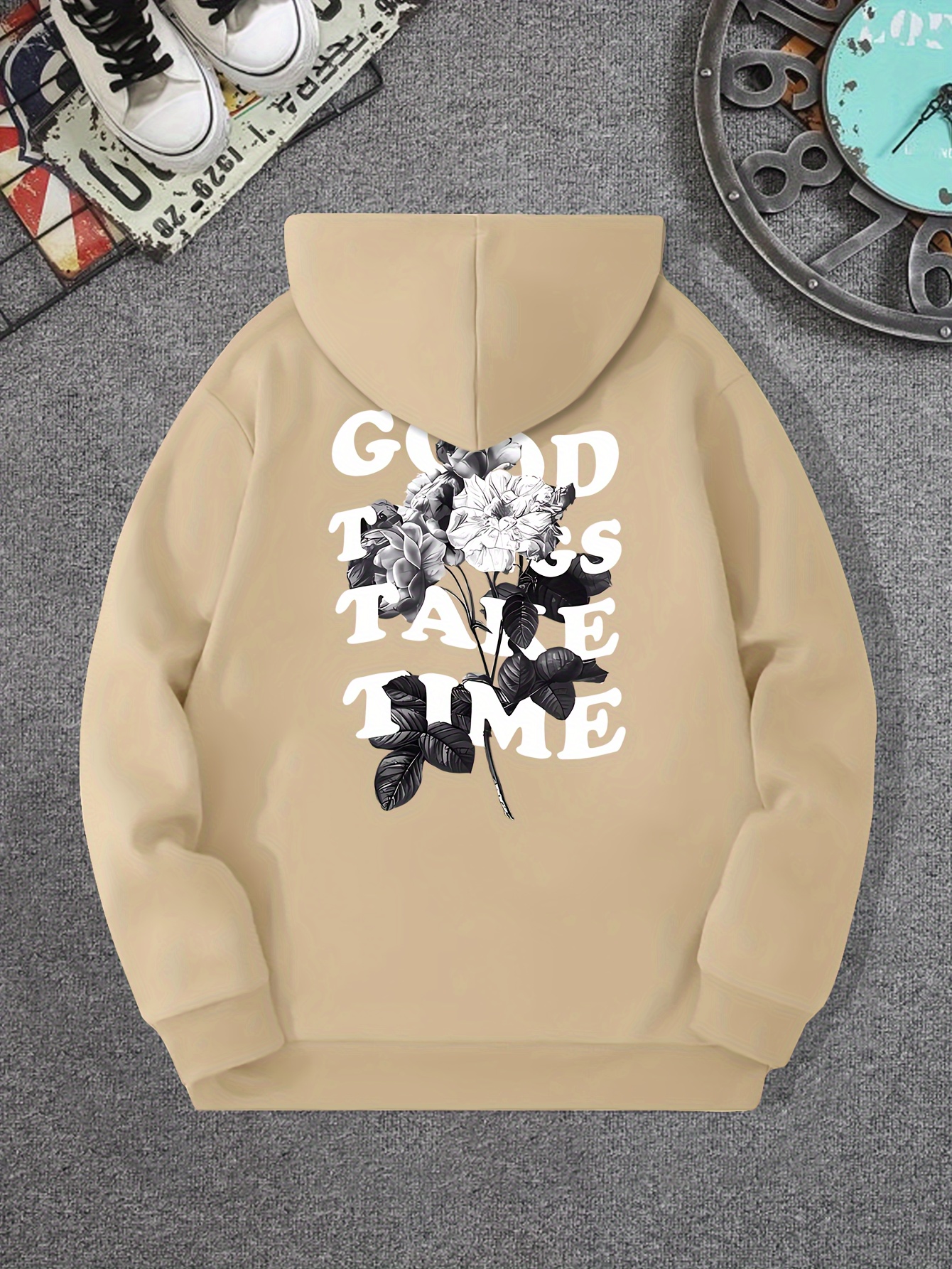 good things take time flower print mens pullover round neck long sleeve hooded sweatshirt pattern loose casual top for autumn winter mens clothing as gifts details 6