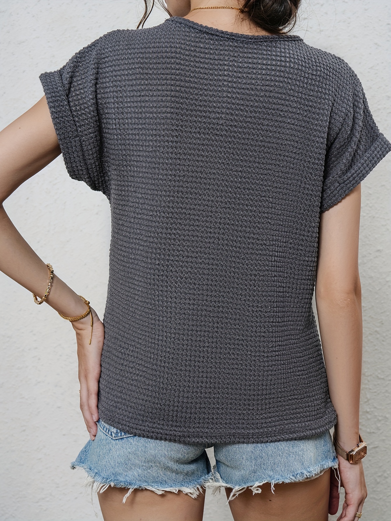 waffle knit v neck blouse casual short sleeve blouse for spring summer womens clothing details 16
