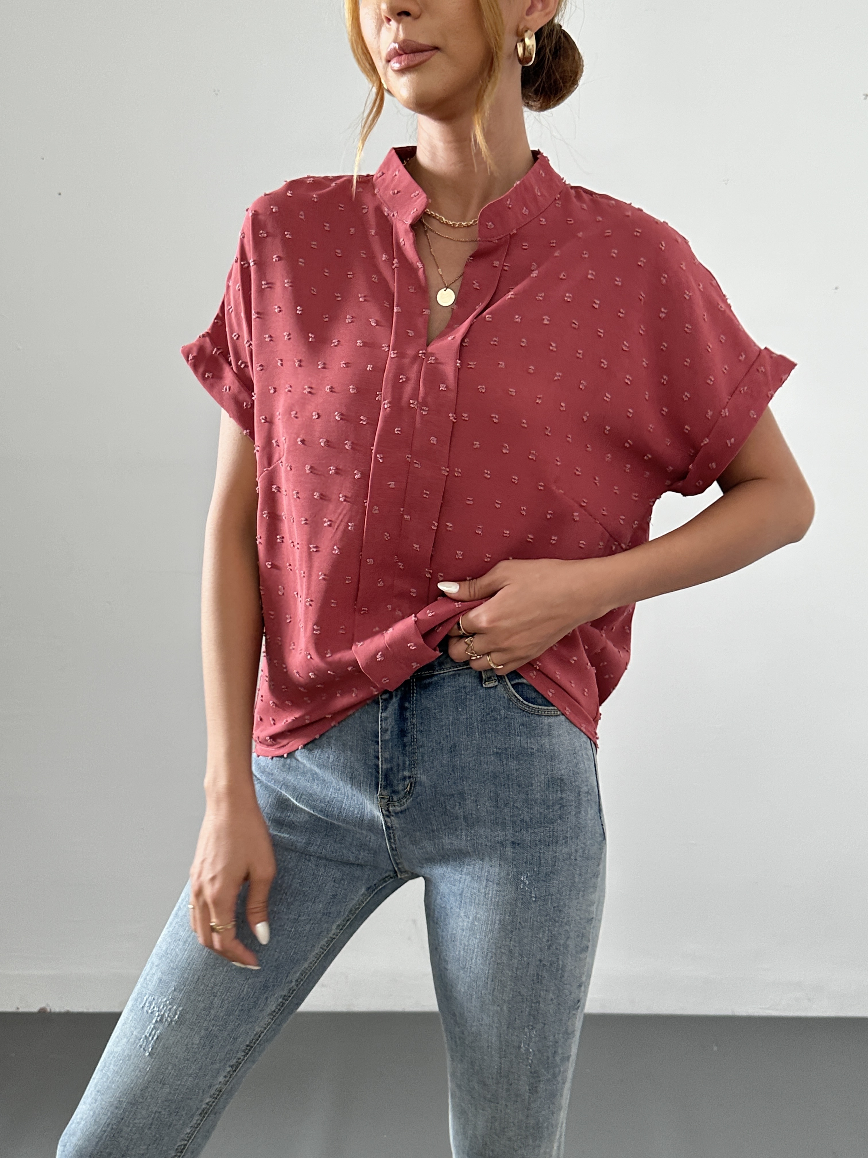 solid versatile blouse v neck short sleeve casual blouse womens clothing details 2