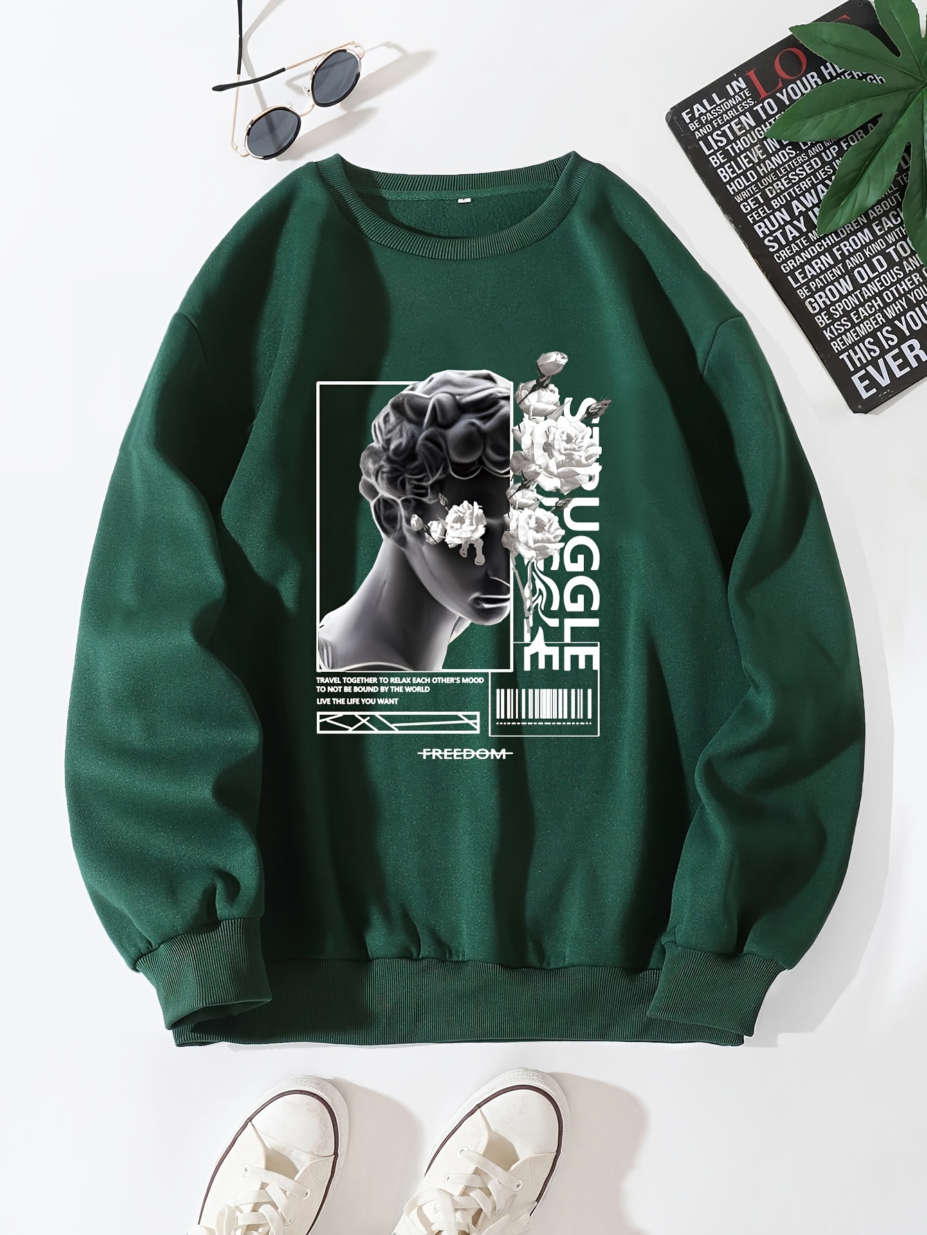 men and roses print mens casual hoodie drawstring pocket hoodie details 0