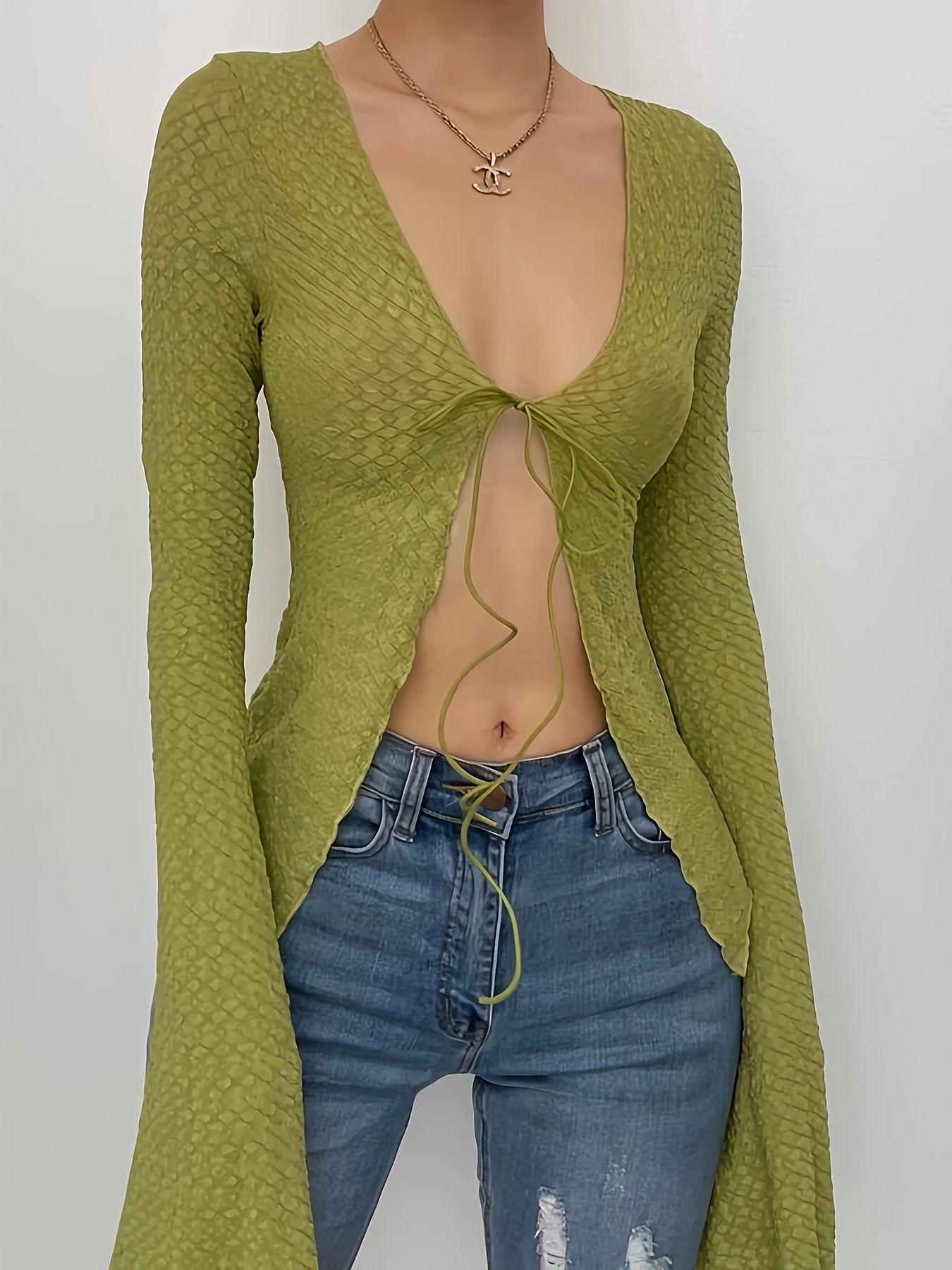 solid color open front blouse y2k v neck tie front long sleeve blouse for every day womens clothing details 2