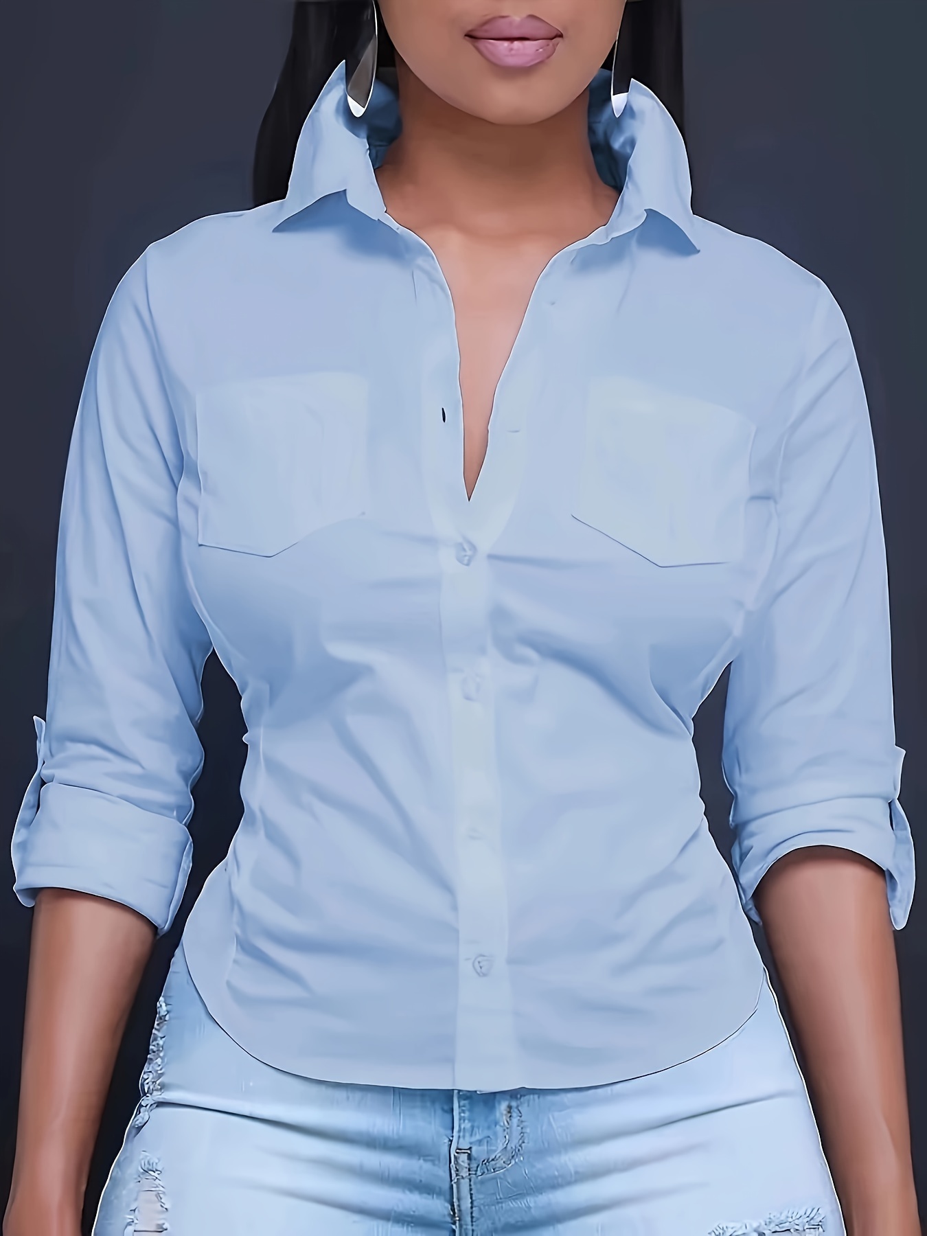 solid color button front shirt casual long sleeve pocket shirt for spring fall womens clothing details 0