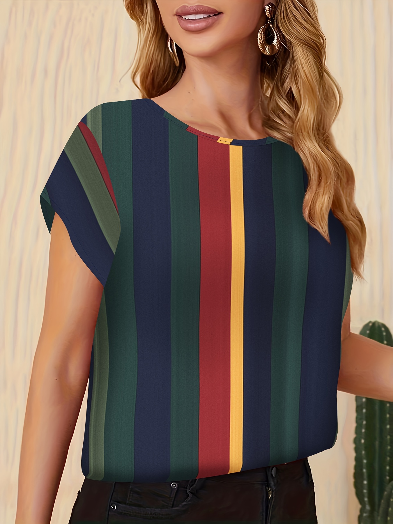 striped print color block blouse casual crew neck short sleeve top for spring summer womens clothing details 19