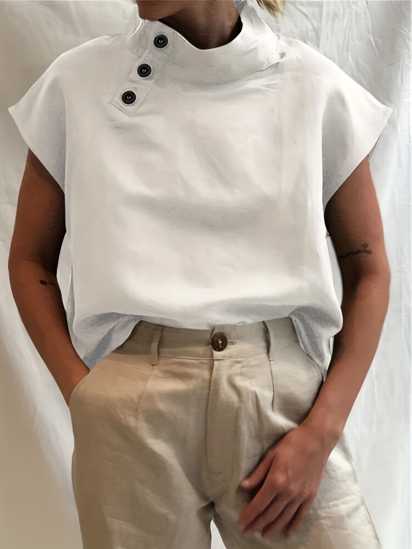 solid button front blouse casual short sleeve mock neck blouse for spring summer womens clothing details 0