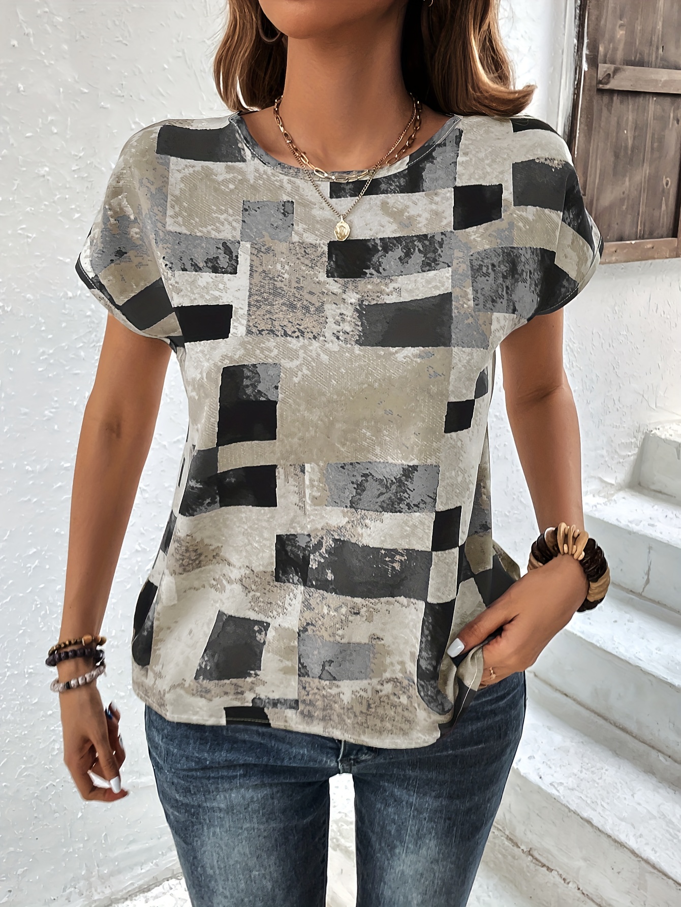 graphic print crew neck t shirt short sleeve aztec print tops womens clothing details 28