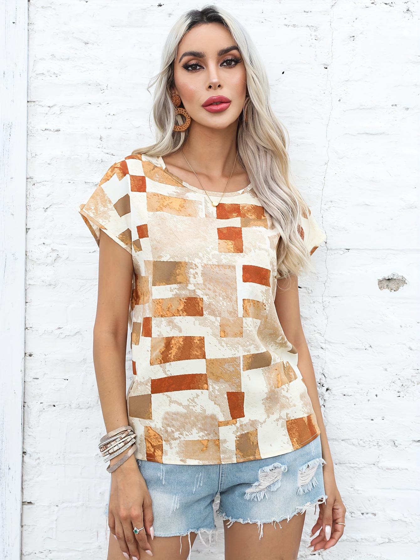 graphic print crew neck t shirt short sleeve aztec print tops womens clothing details 15