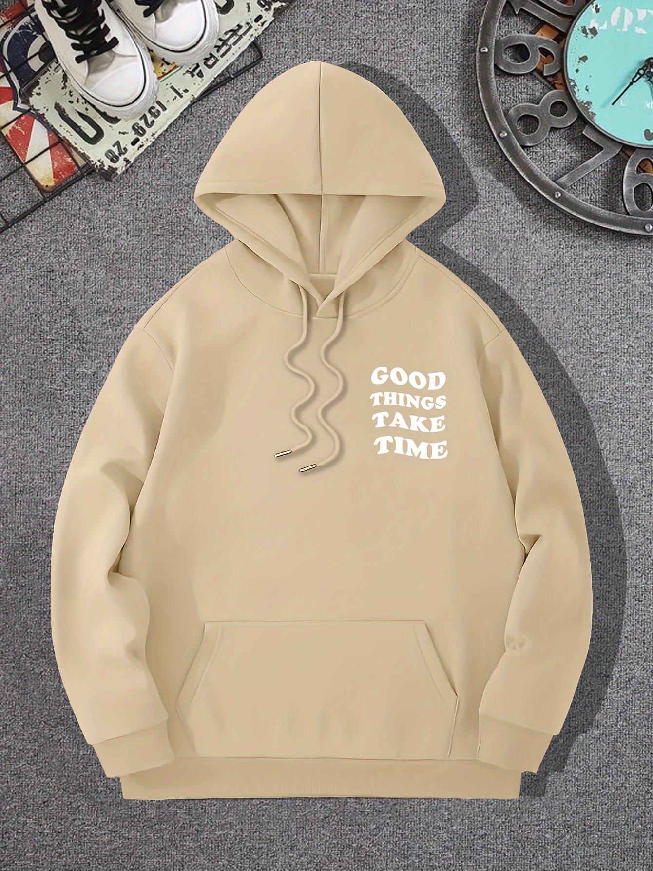 good things take time flower print mens pullover round neck long sleeve hooded sweatshirt pattern loose casual top for autumn winter mens clothing as gifts details 7