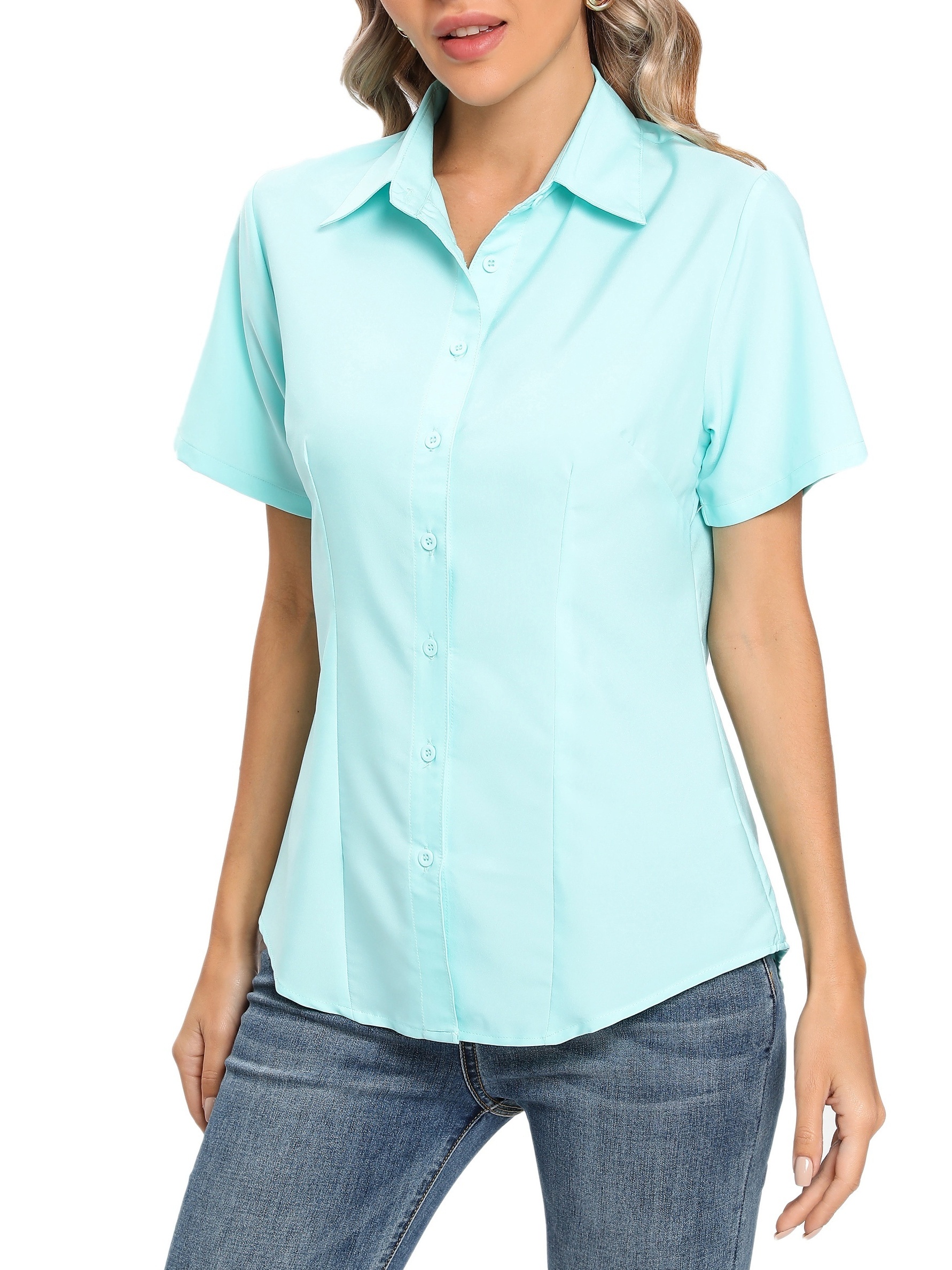 solid button front blouse casual short sleeve blouse for spring summer womens clothing details 13