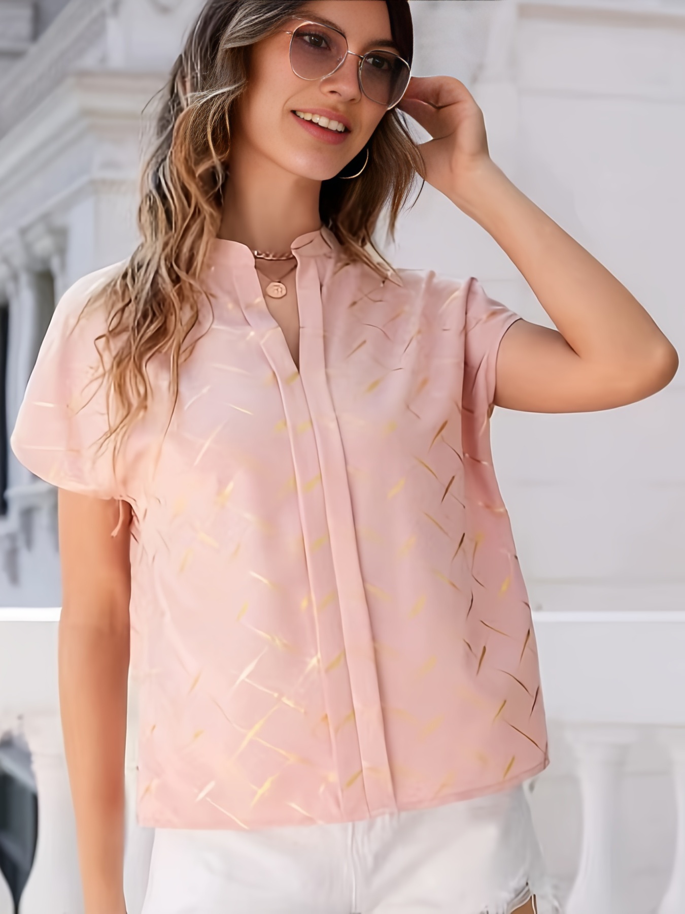 fluorescent v neck short sleeve shirt casual loose office stylish shirt womens clothing details 2