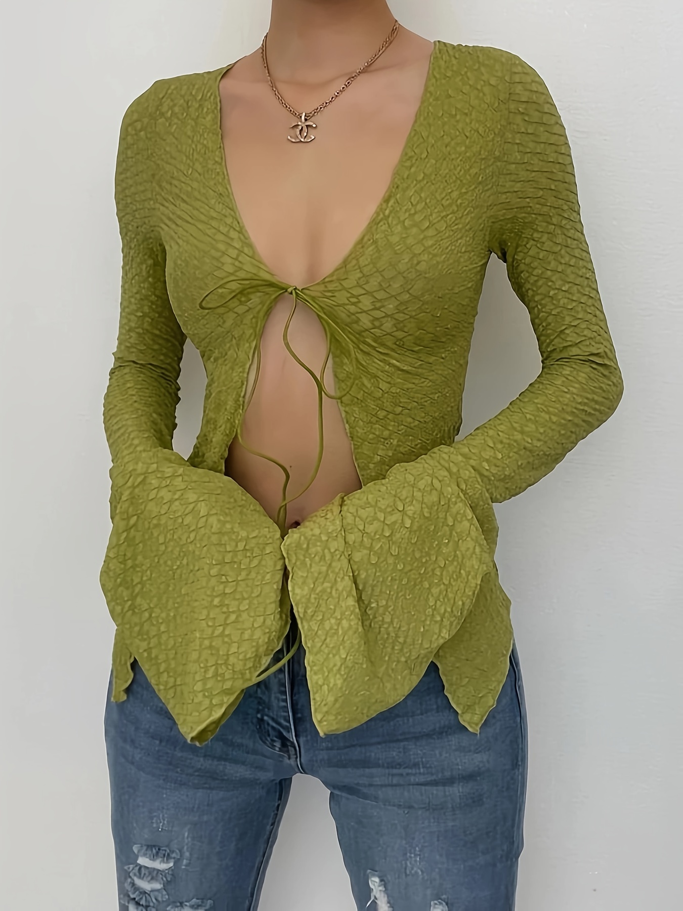 solid color open front blouse y2k v neck tie front long sleeve blouse for every day womens clothing details 0