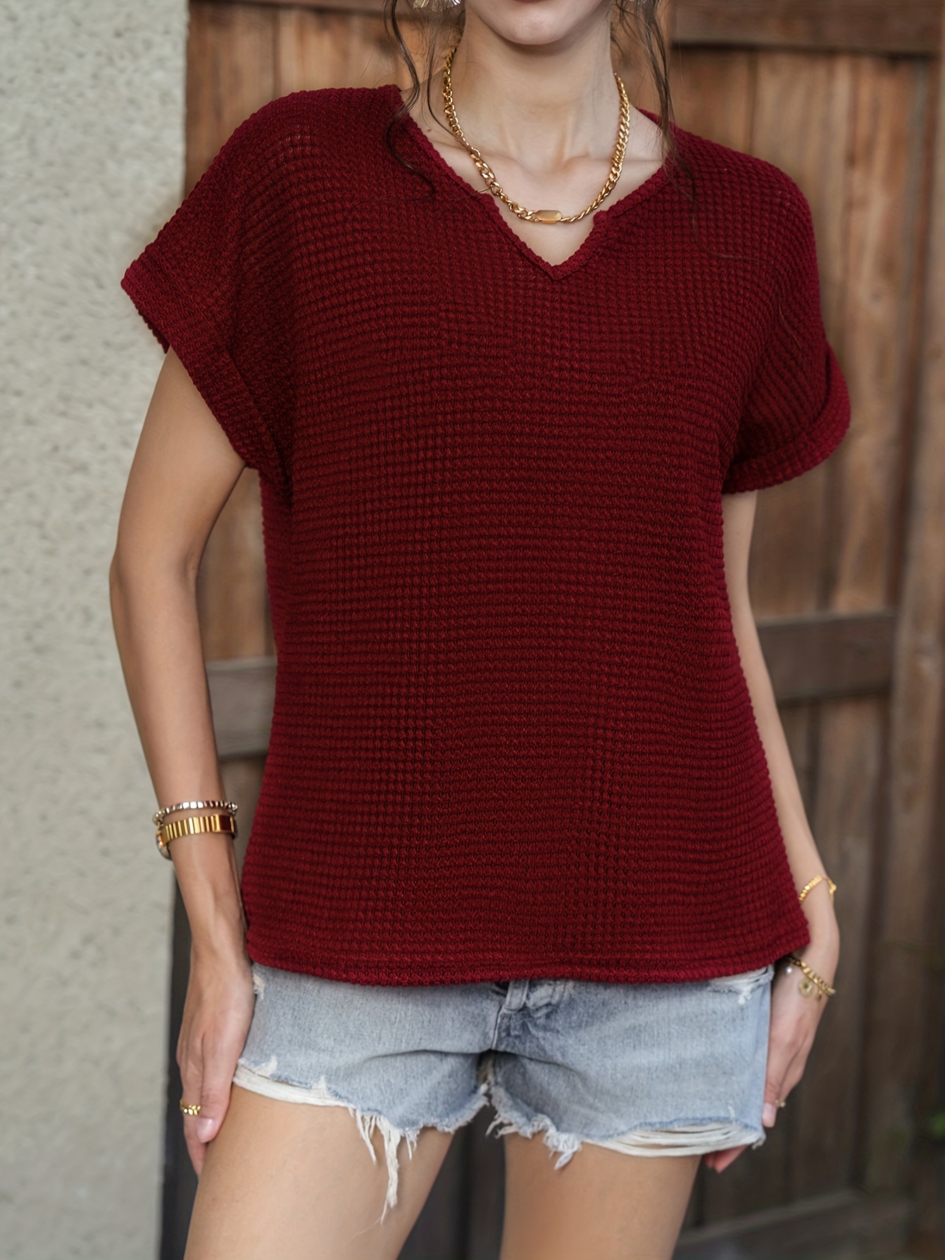 waffle knit v neck blouse casual short sleeve blouse for spring summer womens clothing details 3