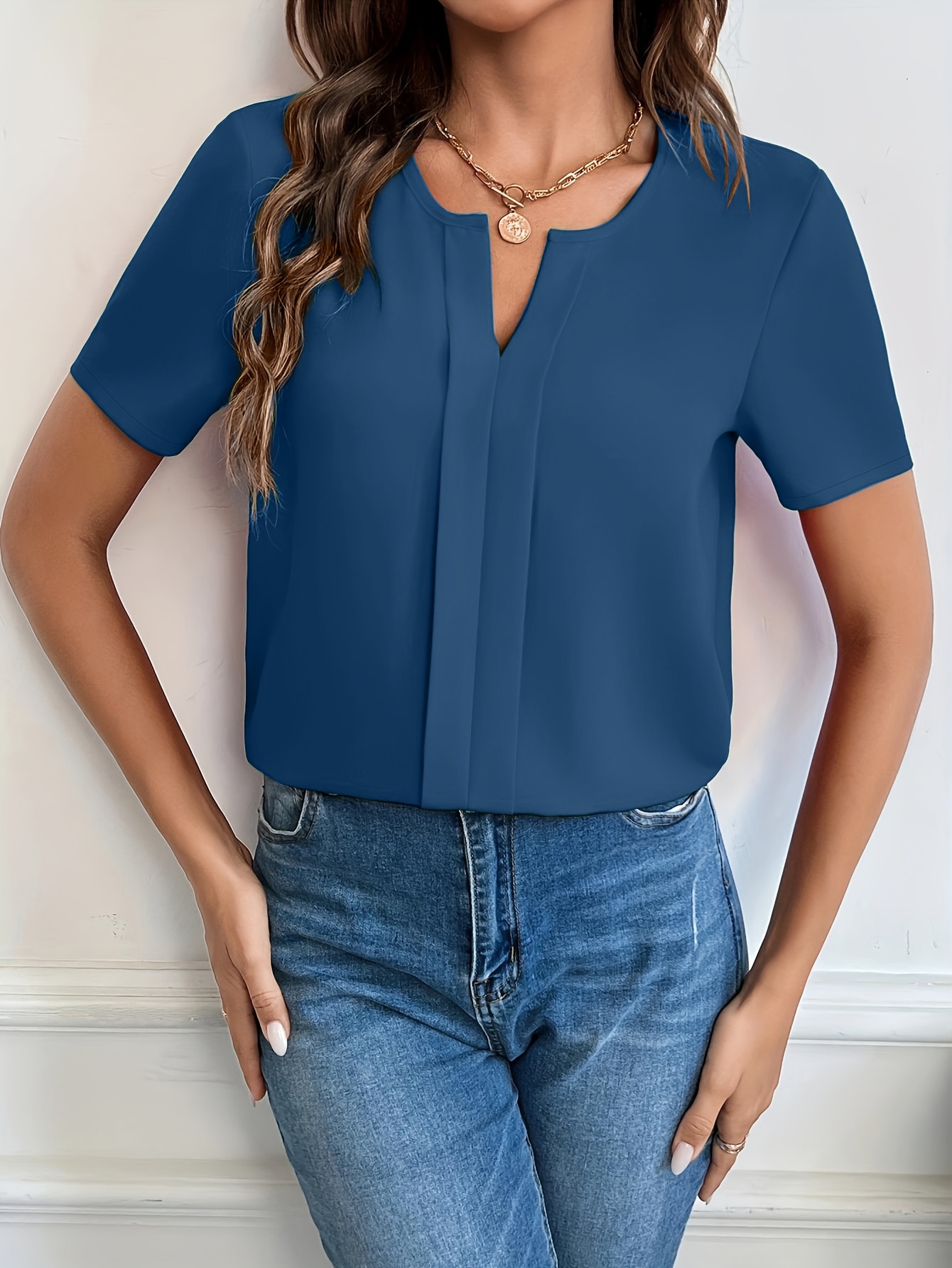 solid notched neck blouse casual short sleeve simple blouse womens clothing details 6