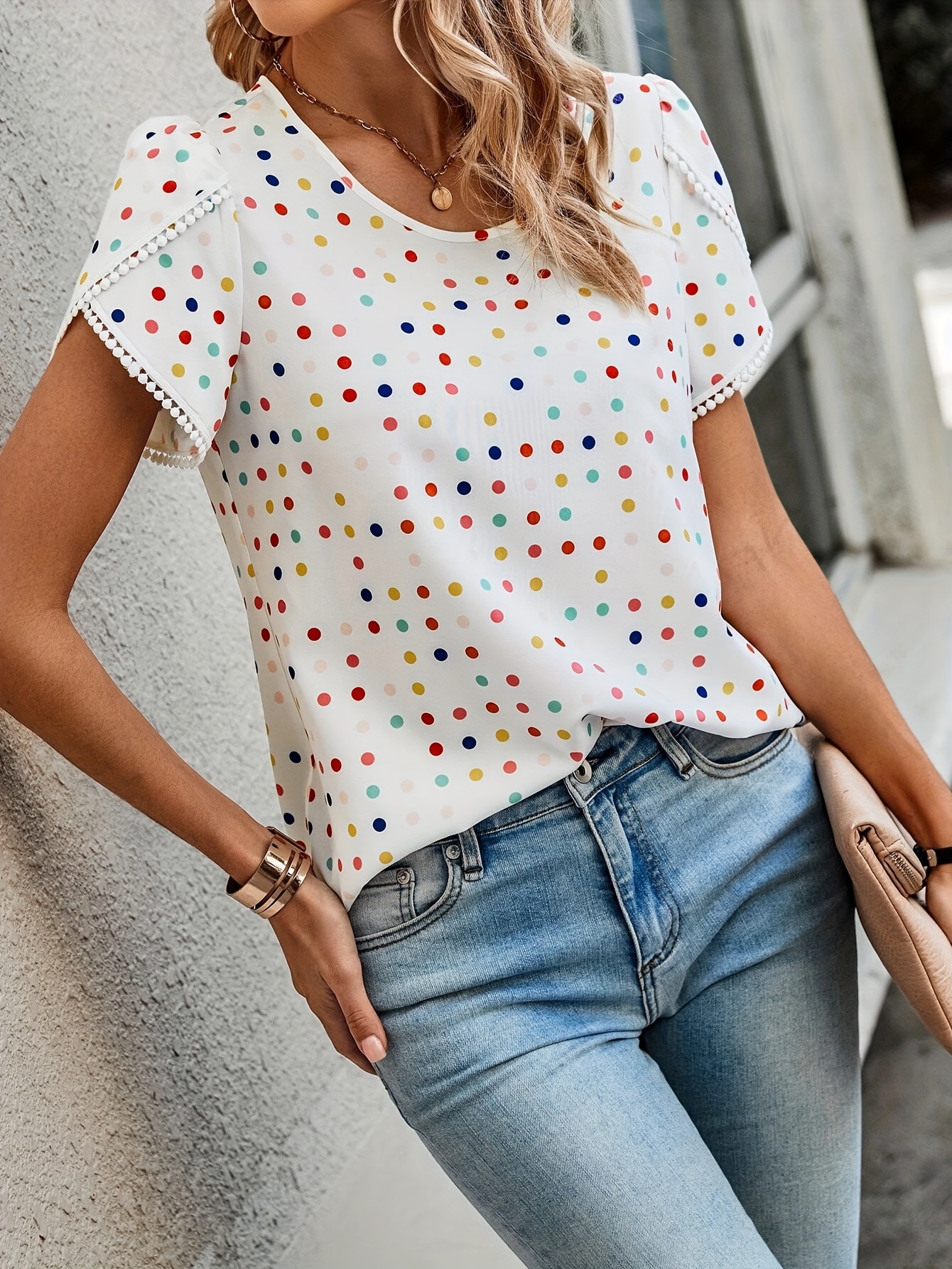 colorful dot print petal sleeve blouse cute crew neck blouse for spring summer womens clothing details 5