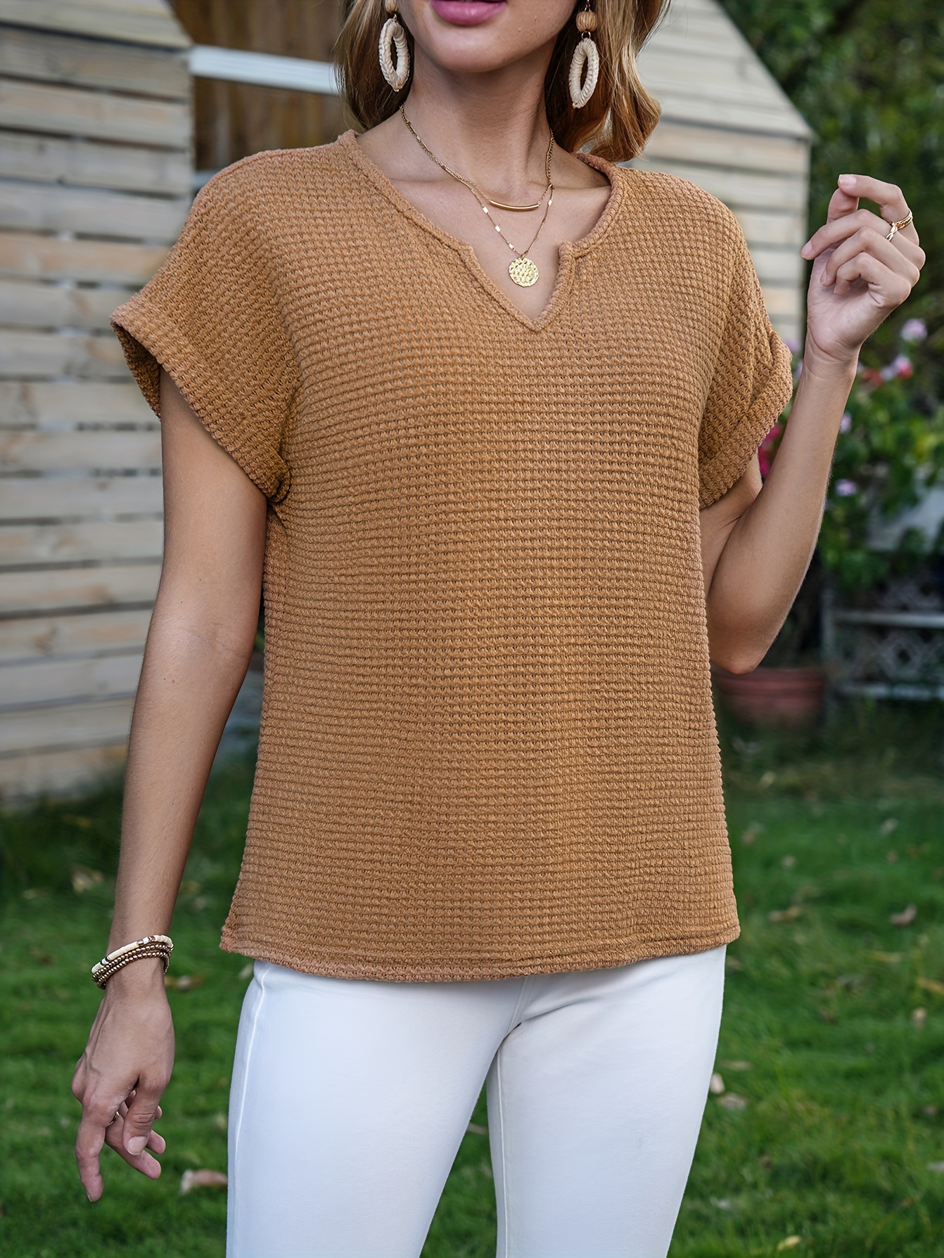 waffle knit v neck blouse casual short sleeve blouse for spring summer womens clothing details 12
