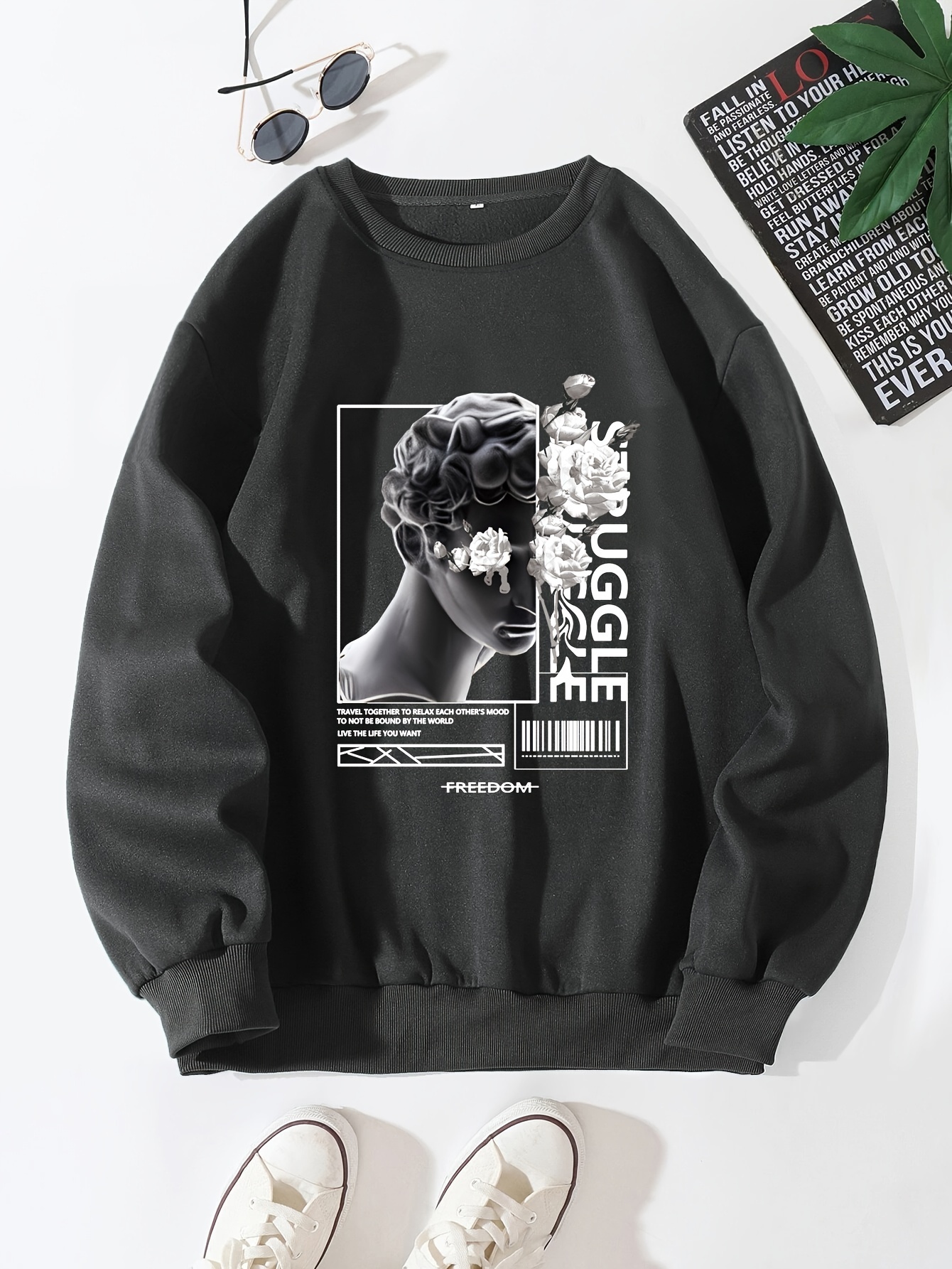 men and roses print mens casual hoodie drawstring pocket hoodie details 5