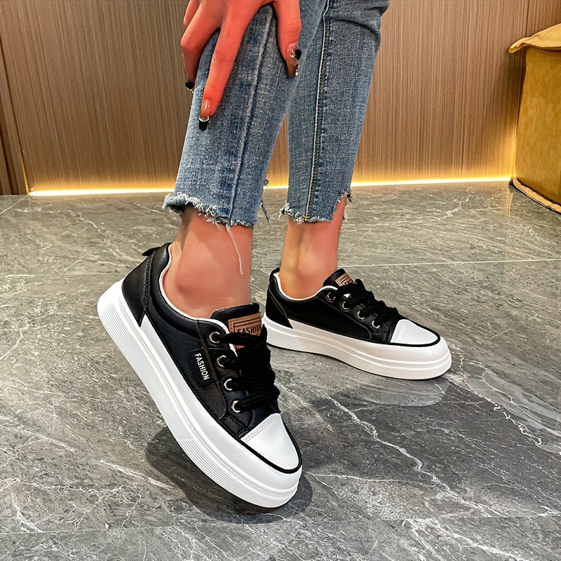 womens solid color casual sneakers lace up platform soft sole skate shoes low top versatile walking shoes details 3