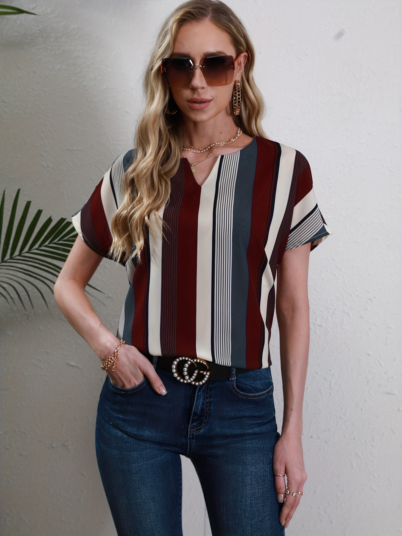 striped notched neck blouse casual short sleeve blouse for spring summer womens clothing details 2
