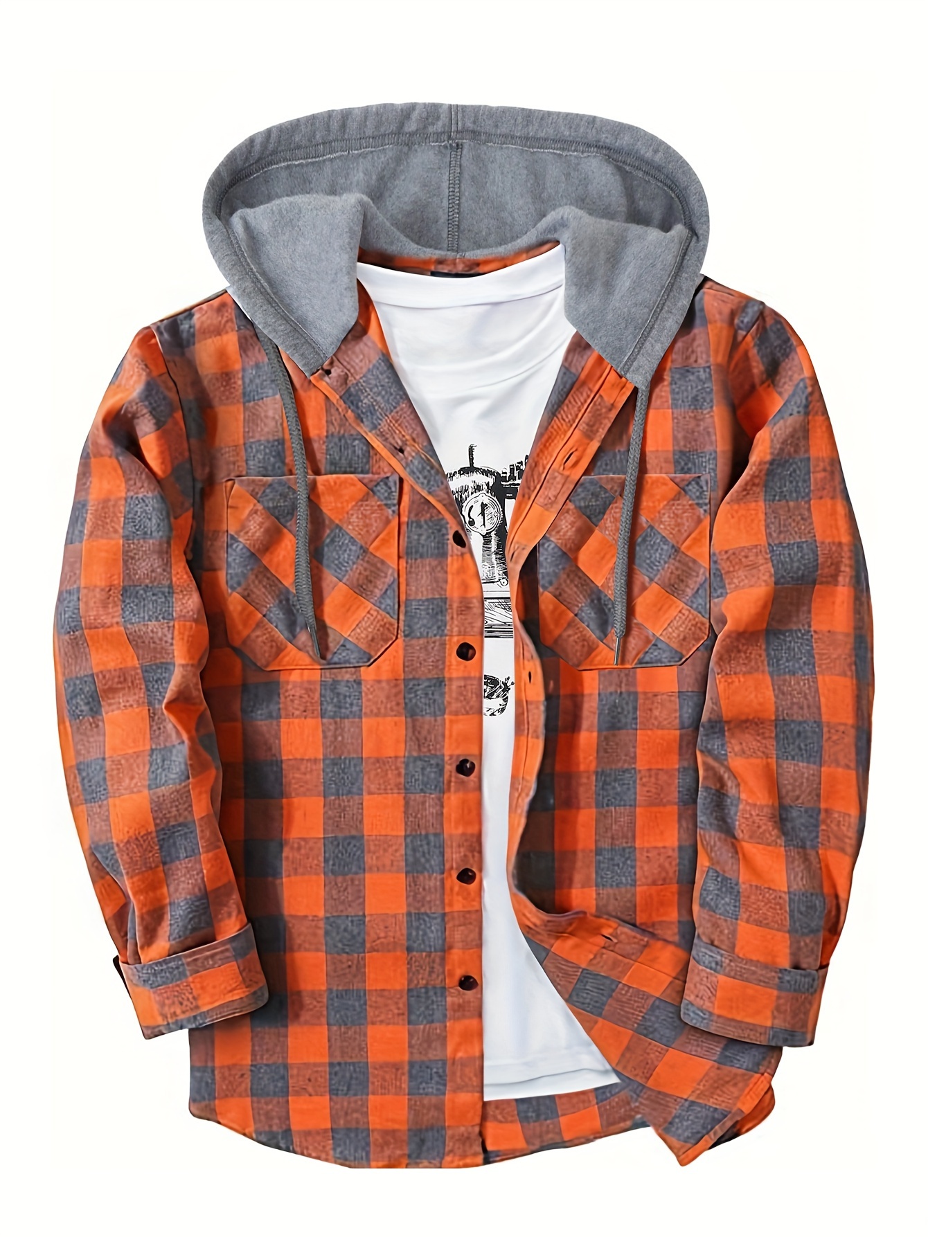 plaid shirt coat for men long sleeve casual regular fit button up hooded shirts jacket details 10