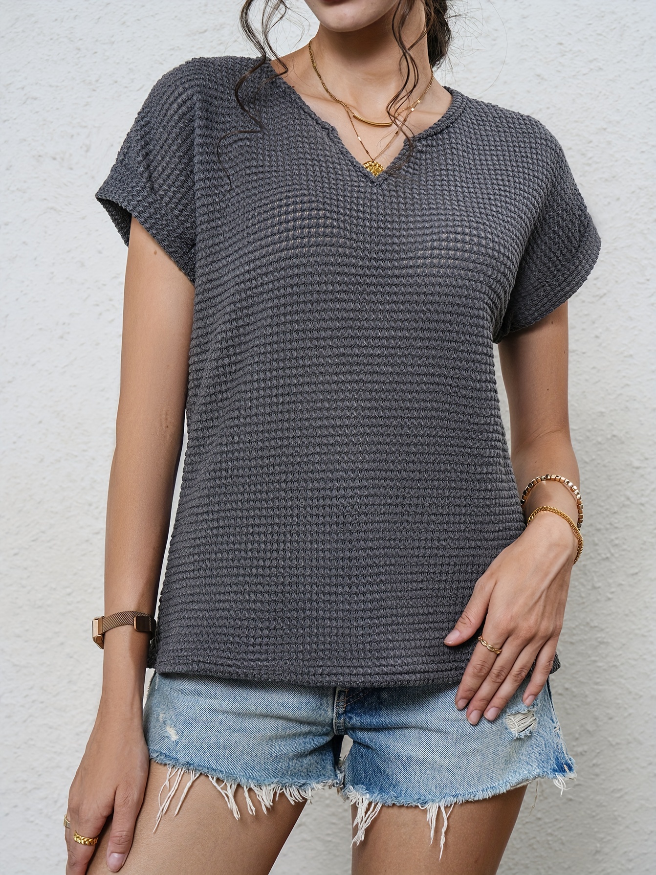 waffle knit v neck blouse casual short sleeve blouse for spring summer womens clothing details 17