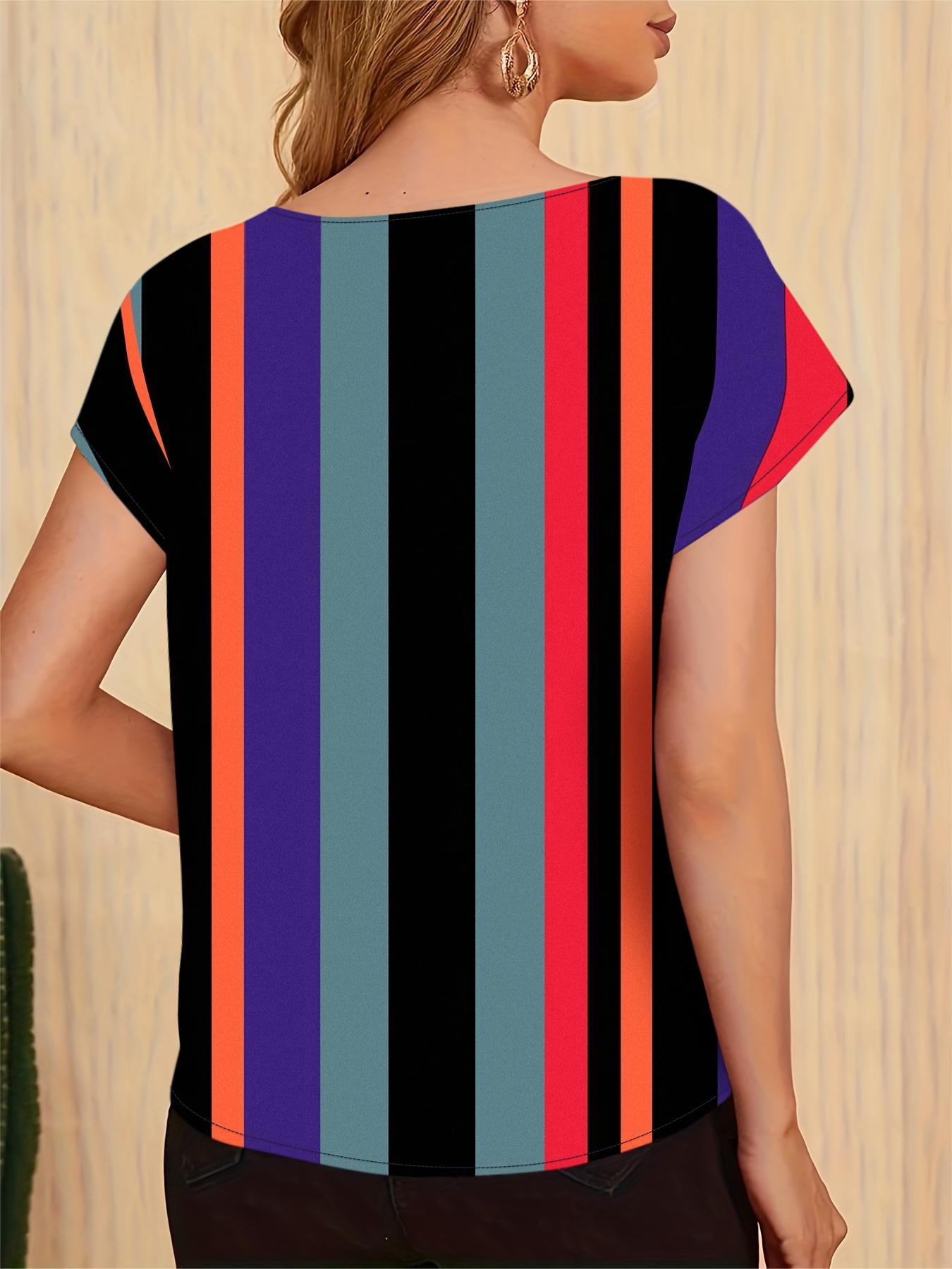 striped print color block blouse casual crew neck short sleeve top for spring summer womens clothing details 11